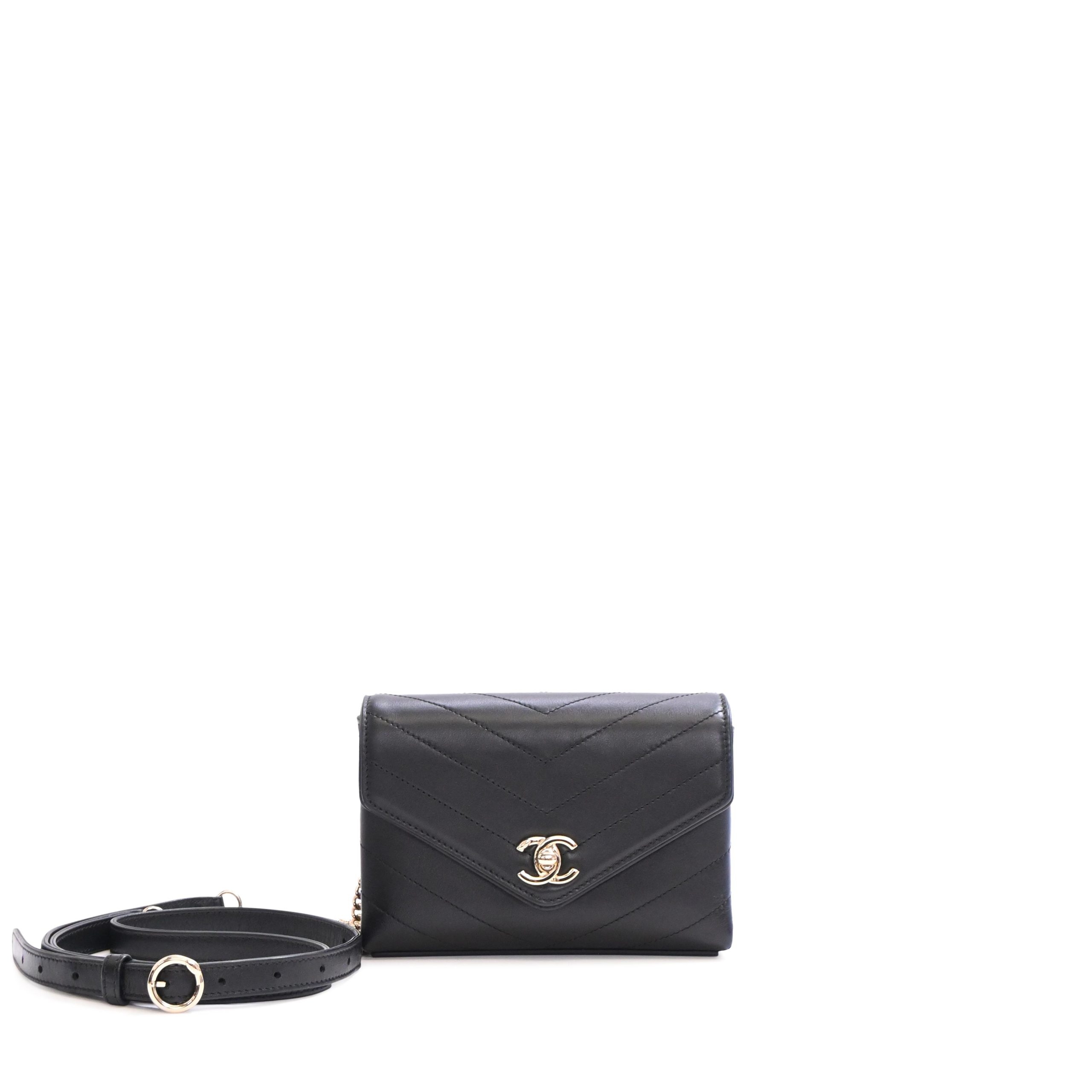 Black Chevron Calfskin Coco Waist Bag Pale Gold Hardware, 2019