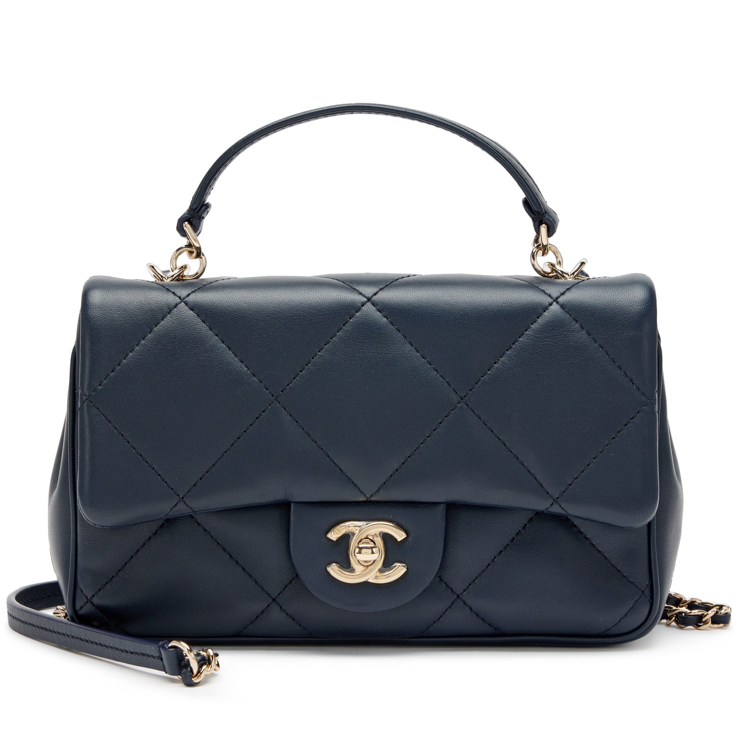 Navy Quilted Lambskin Easy Carry Flap Bag Pale Gold Hardware, 2019