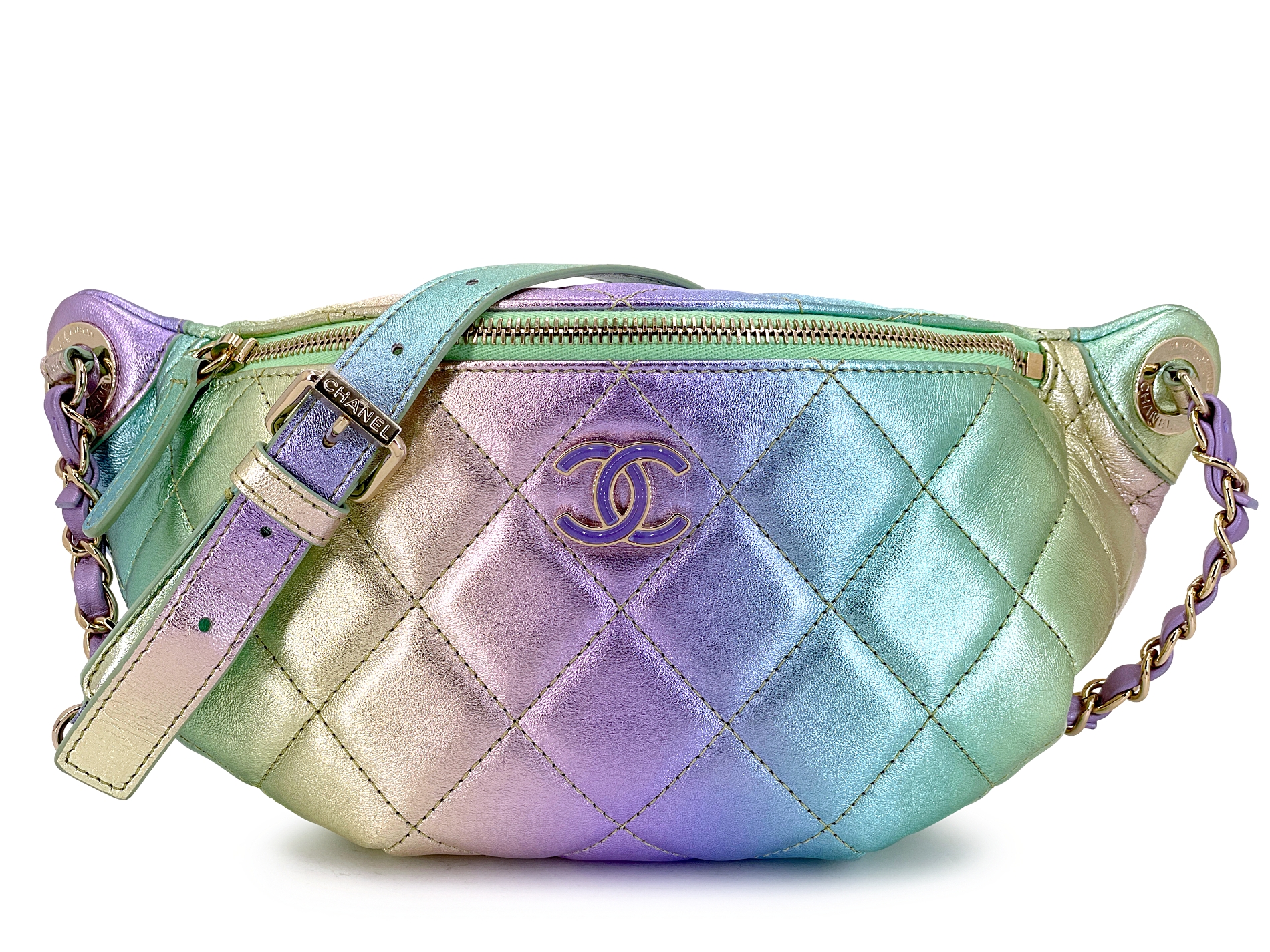 Rainbow Gradient Iridescent Metallic Quilted Aged Calfskin Fanny Pack Waist Bag Gold Hardware, 2024