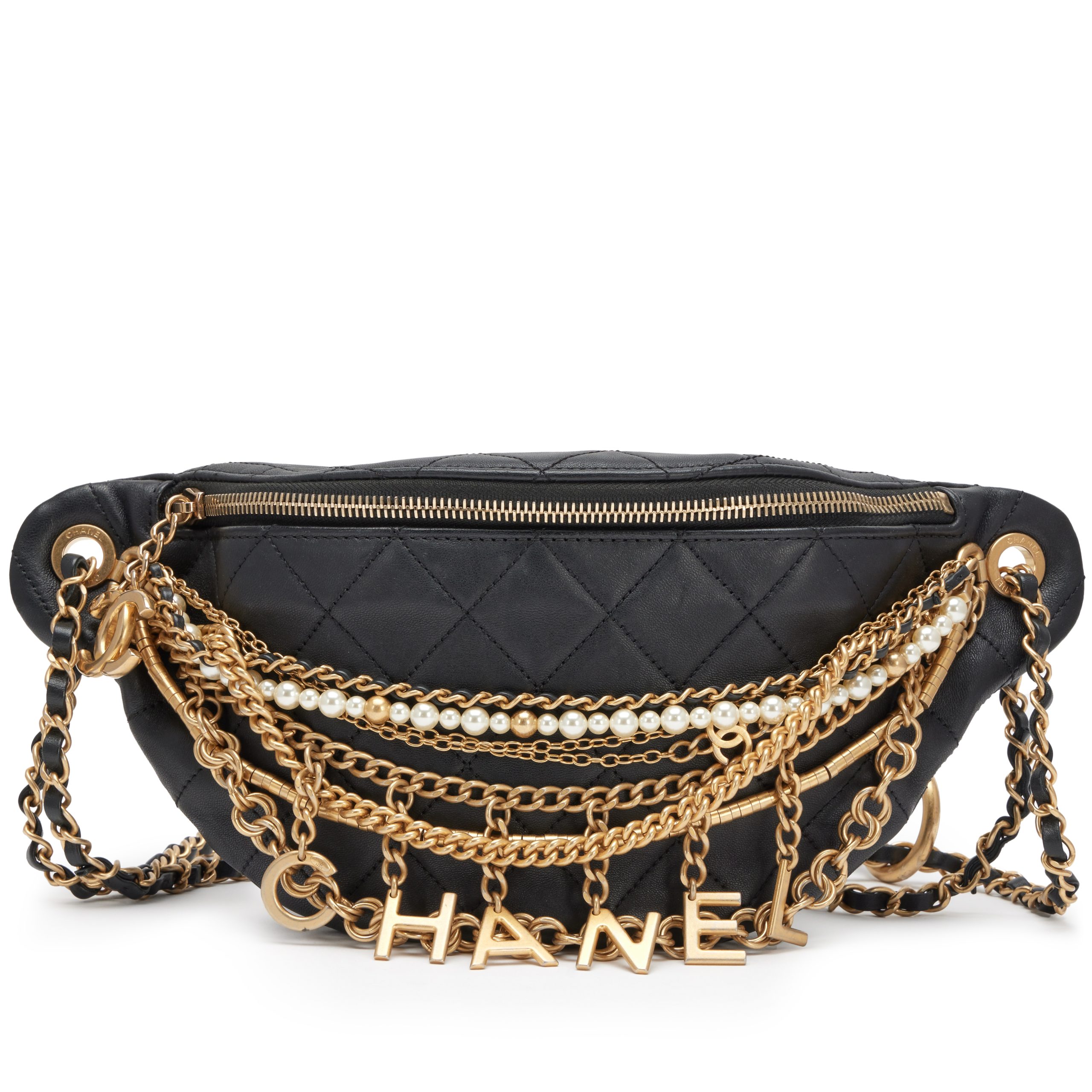 Black Quilted Lambskin, Imitation Pearl Paris-New York All About Chains Fanny Pack Waist Bag Aged Gold Hardware, 2019