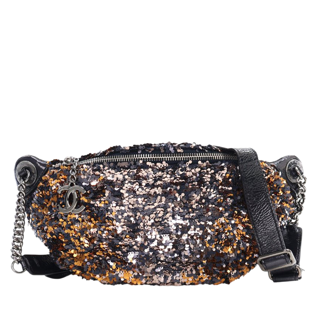 Navy Blue Glazed Calfskin Multicolor Sequin Waist Bag Silver Hardware, 2018