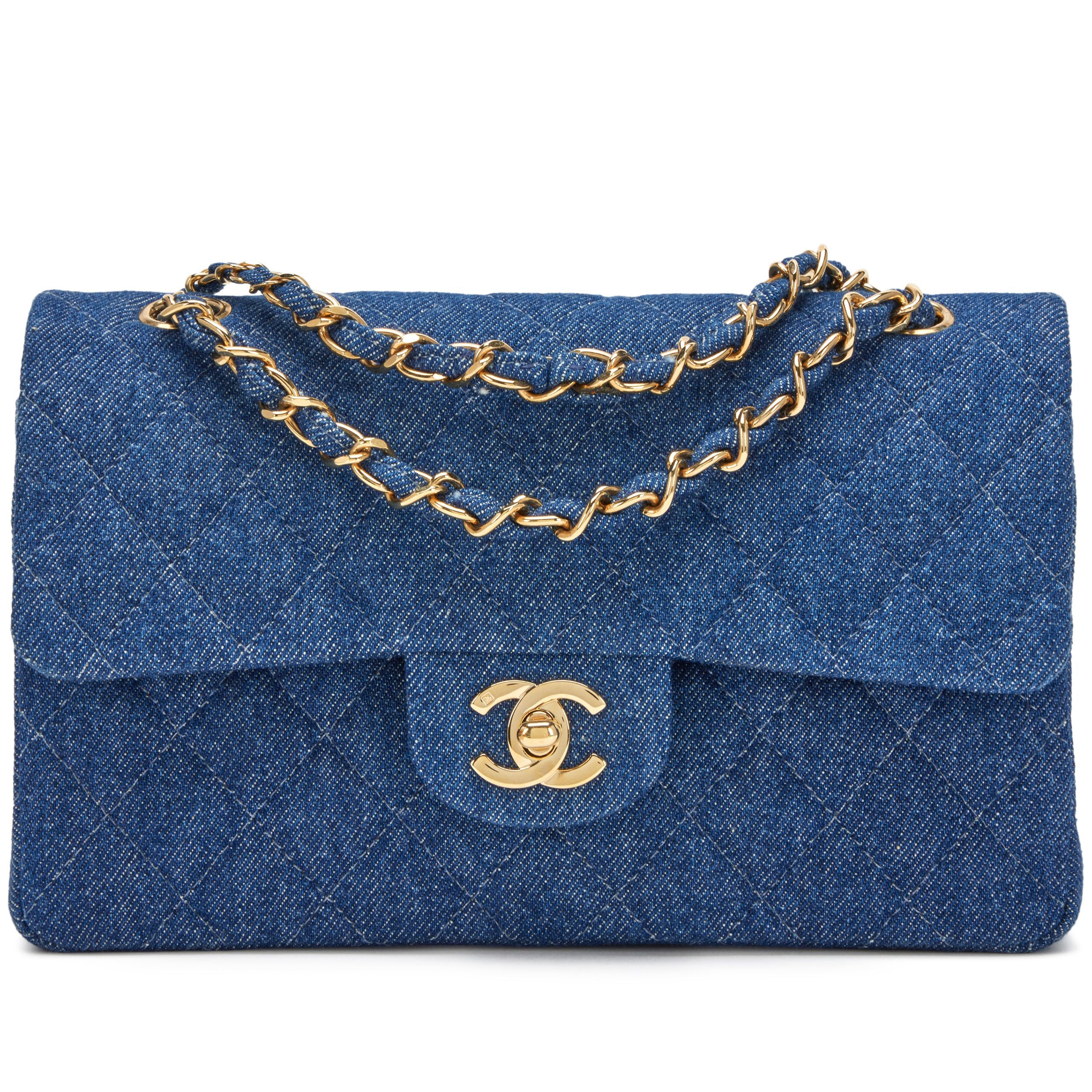 Vintage Dark Blue Quilted Denim Small Classic Double Flap Bag Gold Hardware, 1997-1999