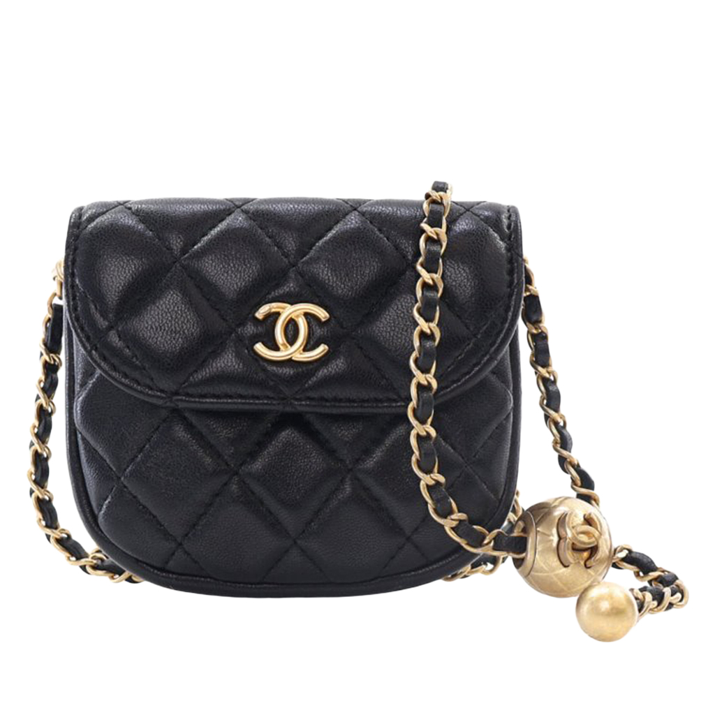 Black Quilted Lambskin Mini Pearl Crush Waist Bag Aged Gold Hardware, 2019