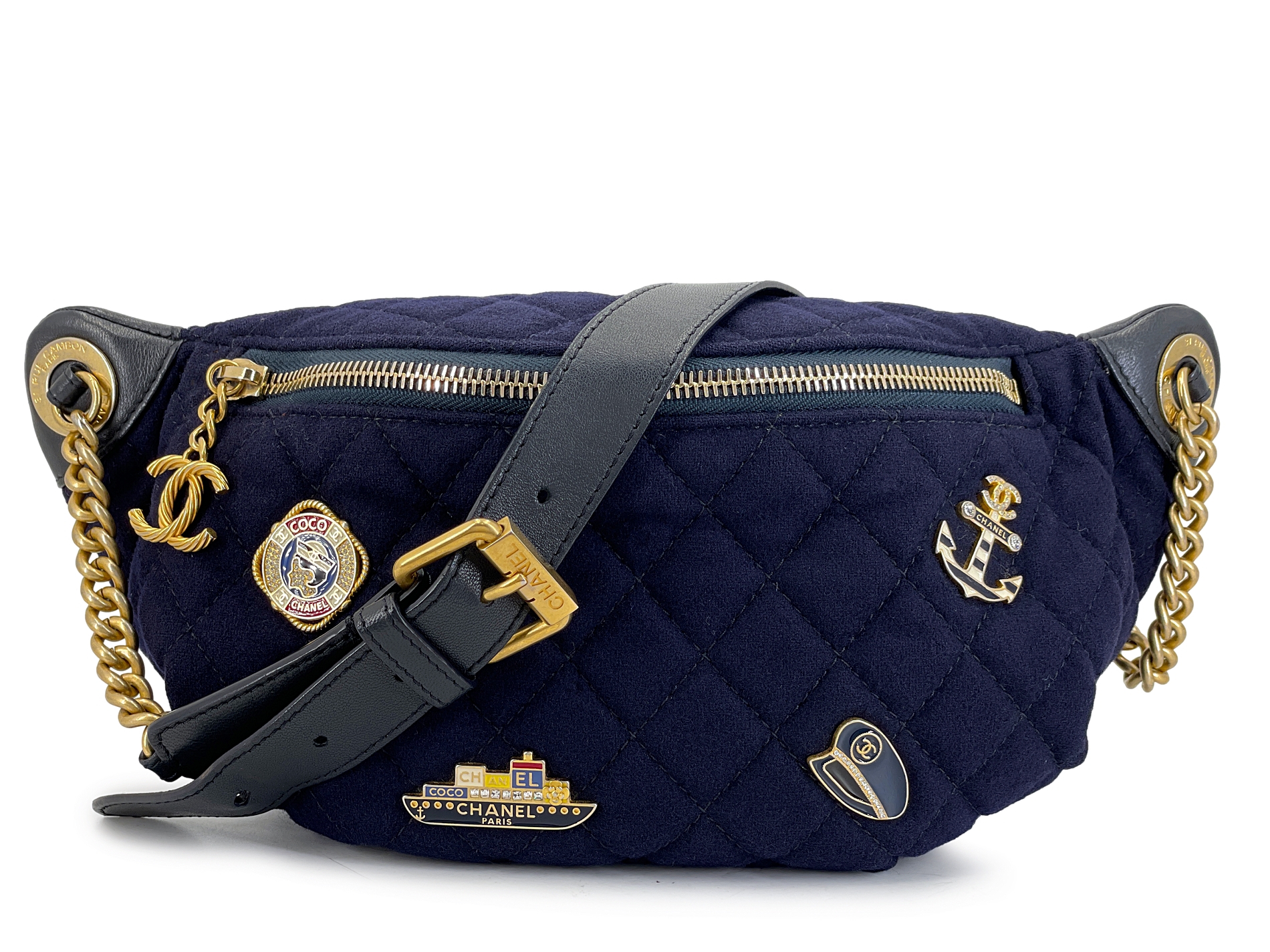 Navy Blue Quilted Wool and Lambskin Paris-Hamburg Sailor Charms Fanny Pack Bum Bag Gold Hardware, 2018