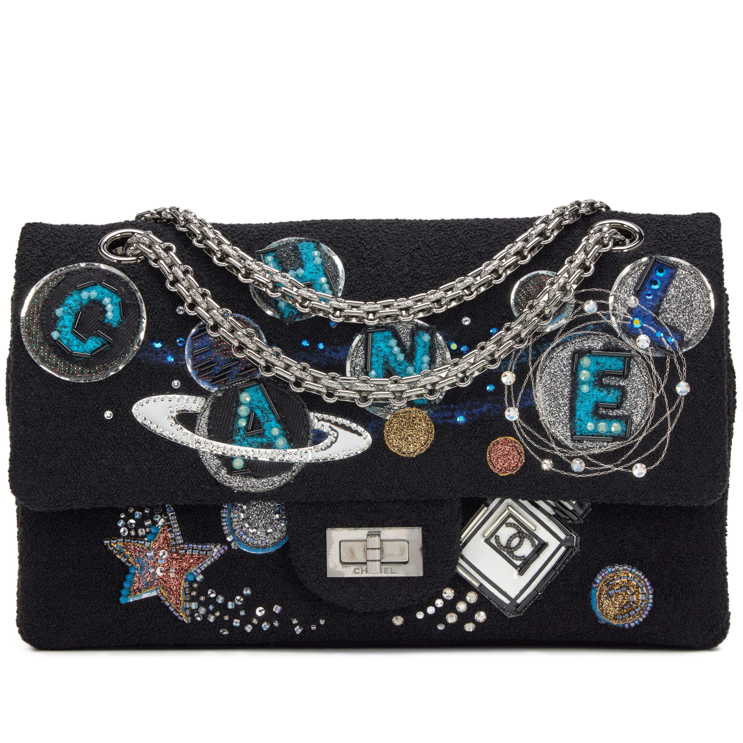 Black Crystal Bead Embellished Boucle Tweed Space Charms 2.55 Reissue 225 Double Flap Bag Ruthenium Hardware, 2017