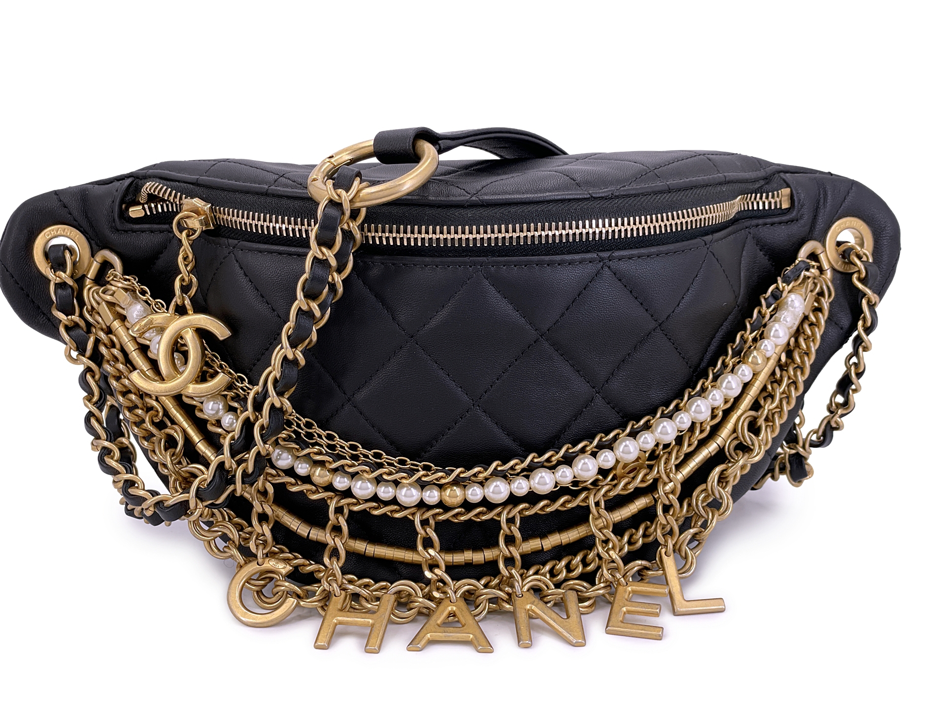 Black Quilted Lambskin, Imitation Pearl Paris-New York All About Chains Fanny Pack Waist Bag Aged Gold Hardware, 2019