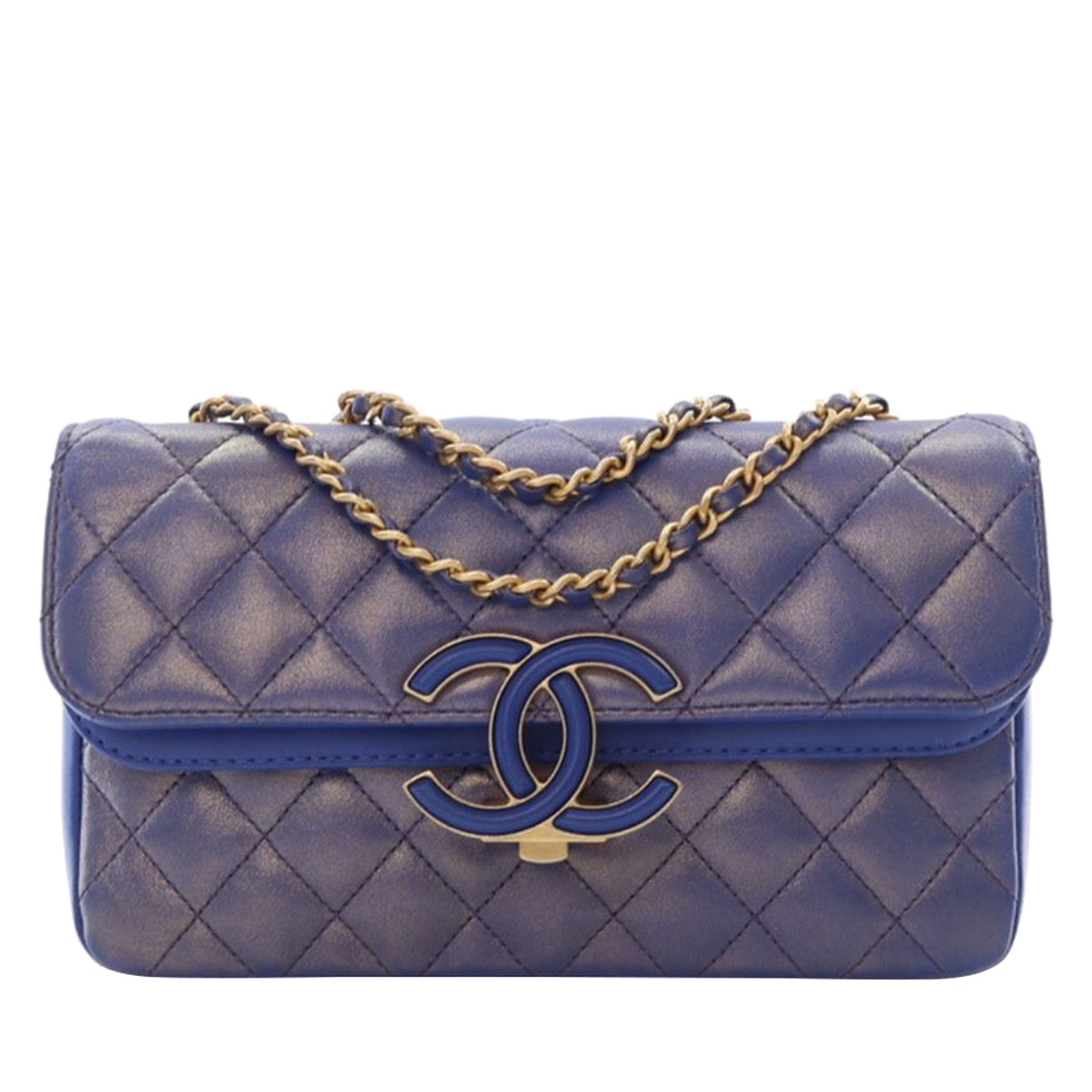 Blue and Gold Quilted Lambskin CC Chic Small Double Flap Bag Aged Gold Hardware, 2020-2021