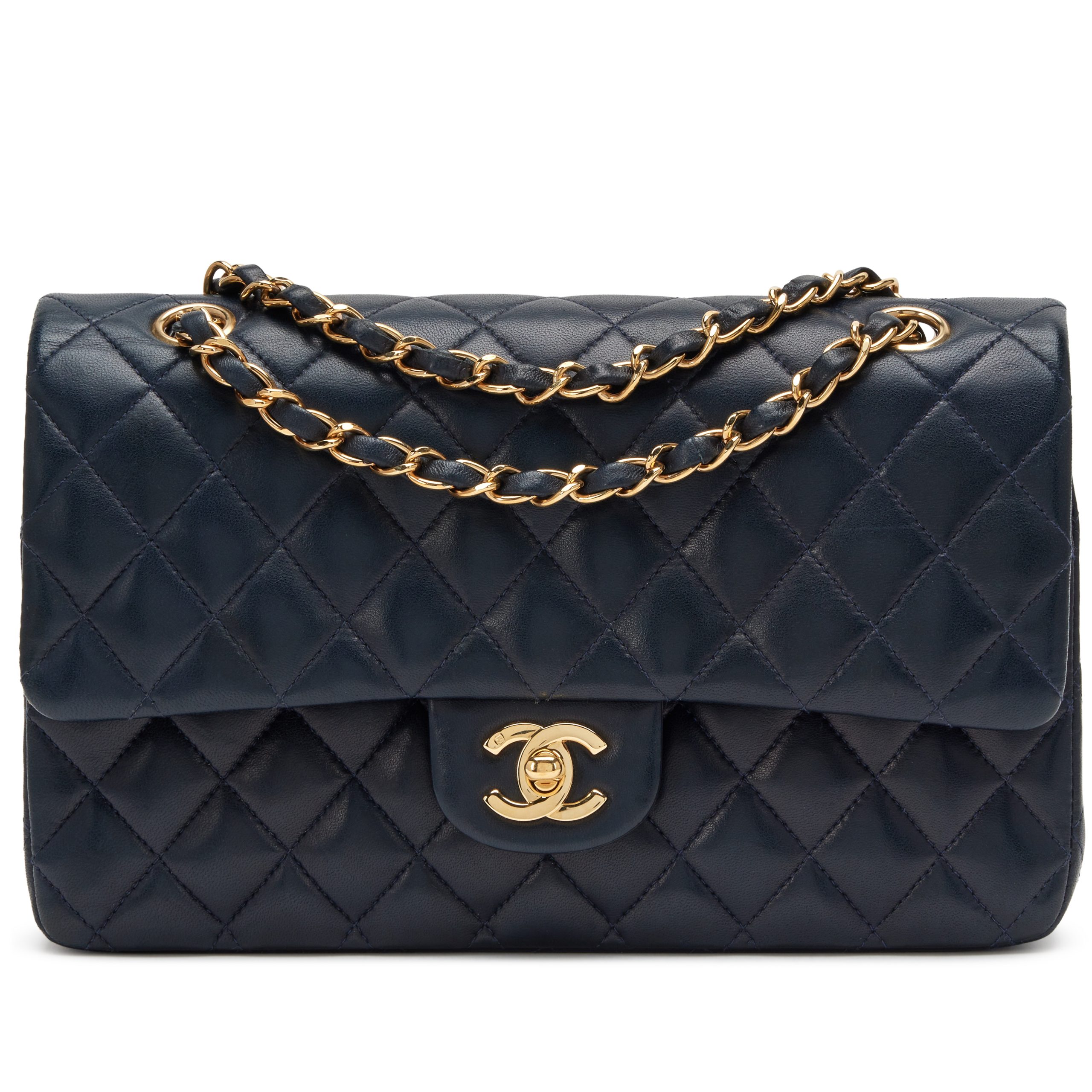 Vintage Navy Blue Quilted Lambskin Medium Classic Double Flap Bag Gold Hardware, 2003-2004