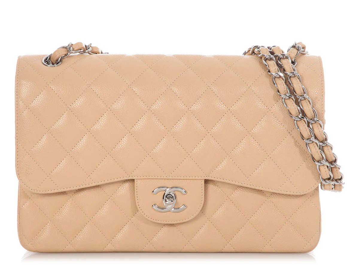 Beige Quilted Caviar Jumbo Classic Double Flap Bag Silver Hardware, 2014