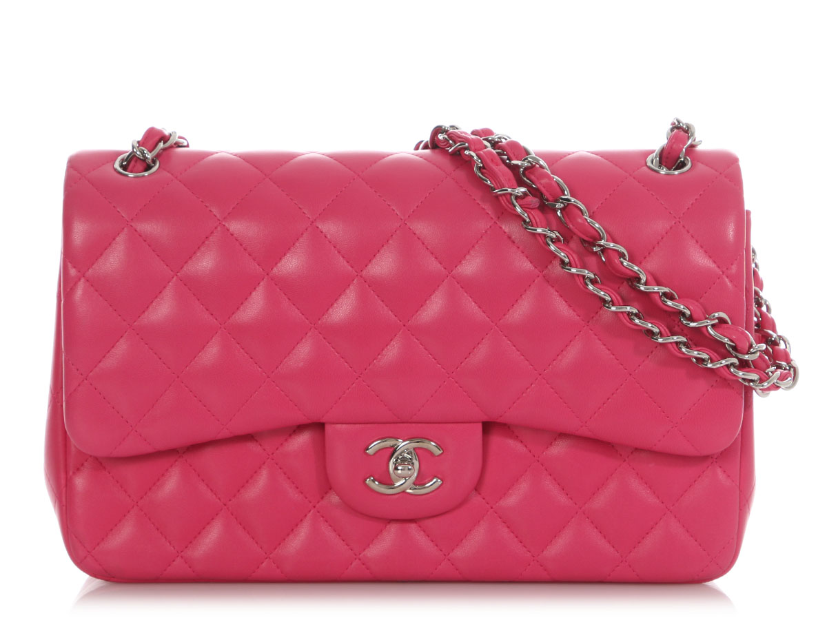 Dark Pink Quilted Lambskin Classic Jumbo Double Flap Bag Silver Hardware, 2014
