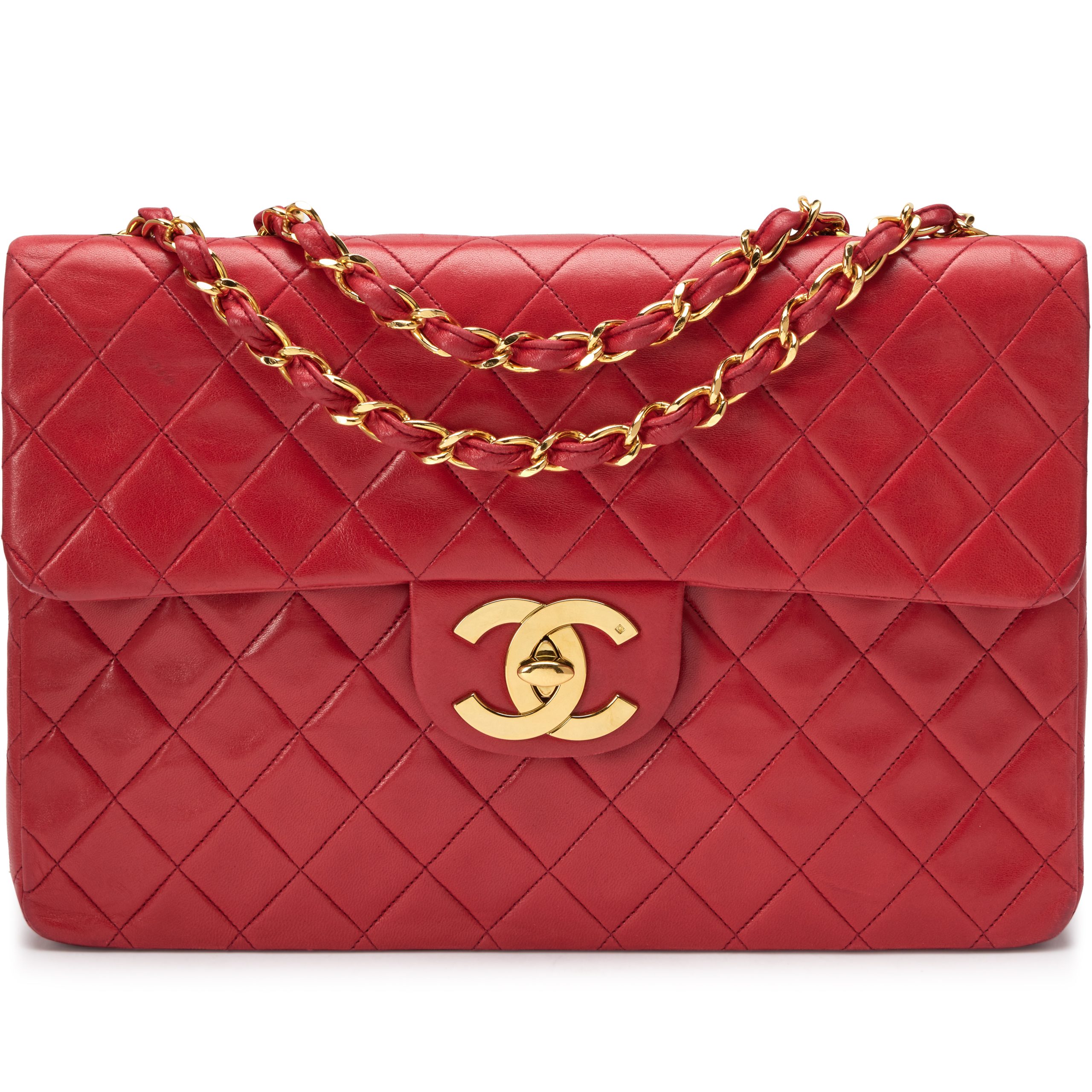 Vintage Red Quilted Lambskin Maxi Jumbo XL Classic Single Flap Bag Gold Hardware, 1994