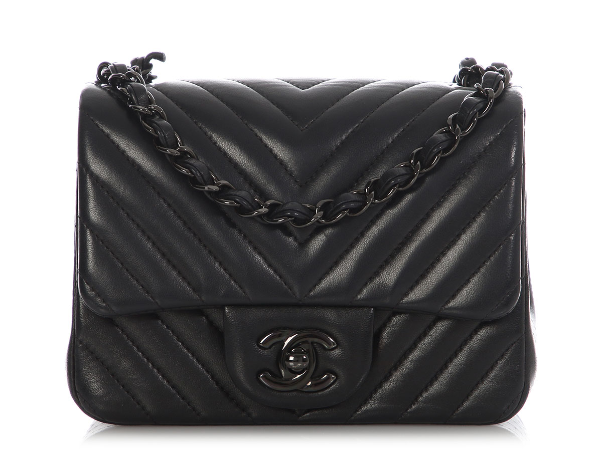 So Black Quilted Chevron Lambskin Classic Mini Rectangular Flap Bag Black Hardware, 2014-2015