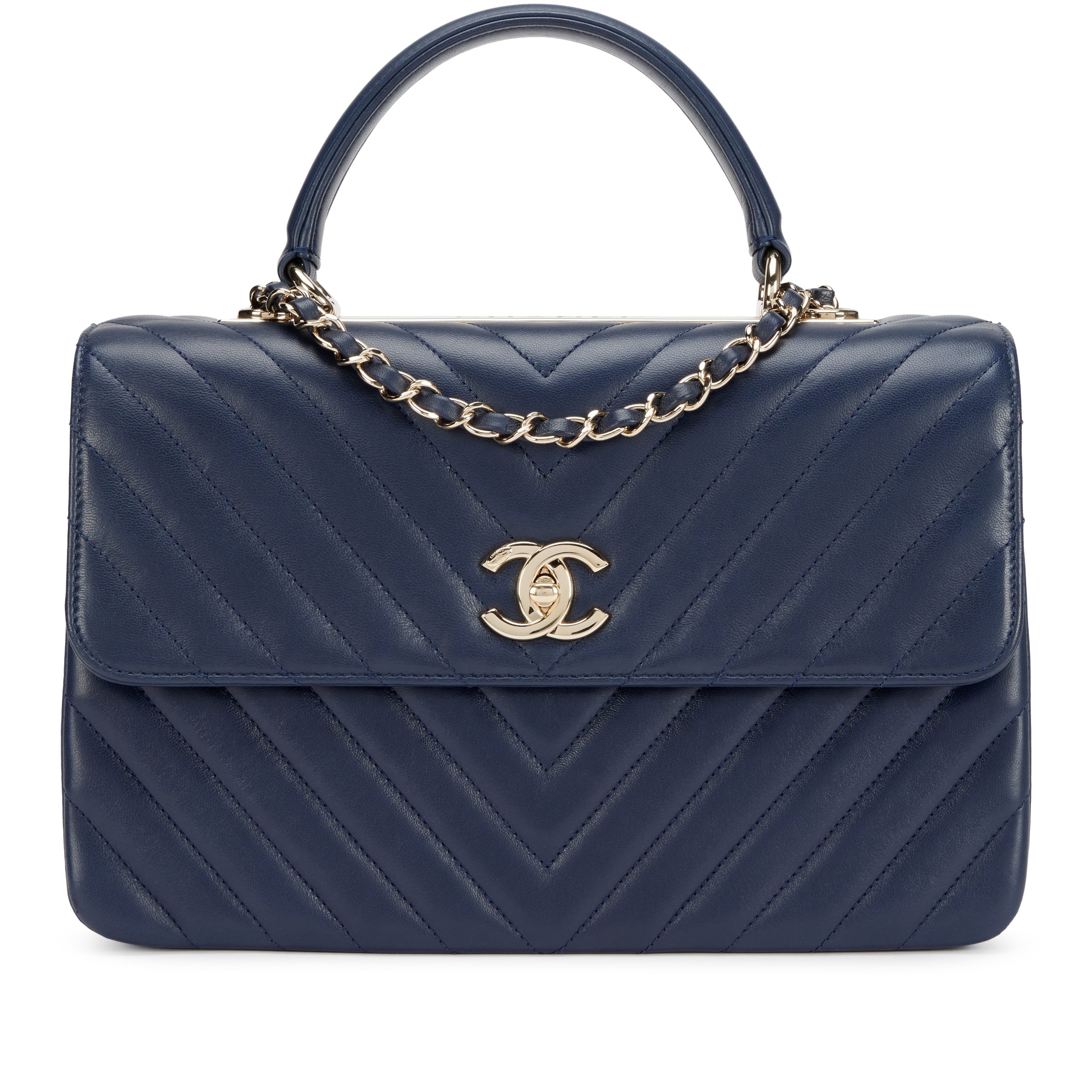 Navy Blue Chevron Quilted Lambskin Medium Trendy CC Dual Handle Flap Bag Gold Hardware, 2017-2018