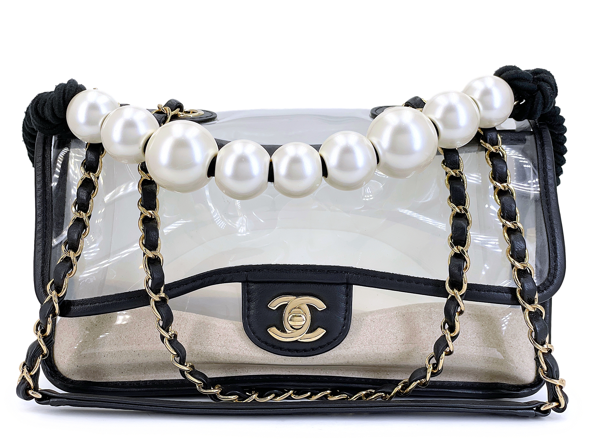 Clear PVC Lambskin Sand and Imitation Pearl By the Sea Flap Bag Gold Hardware, 2019