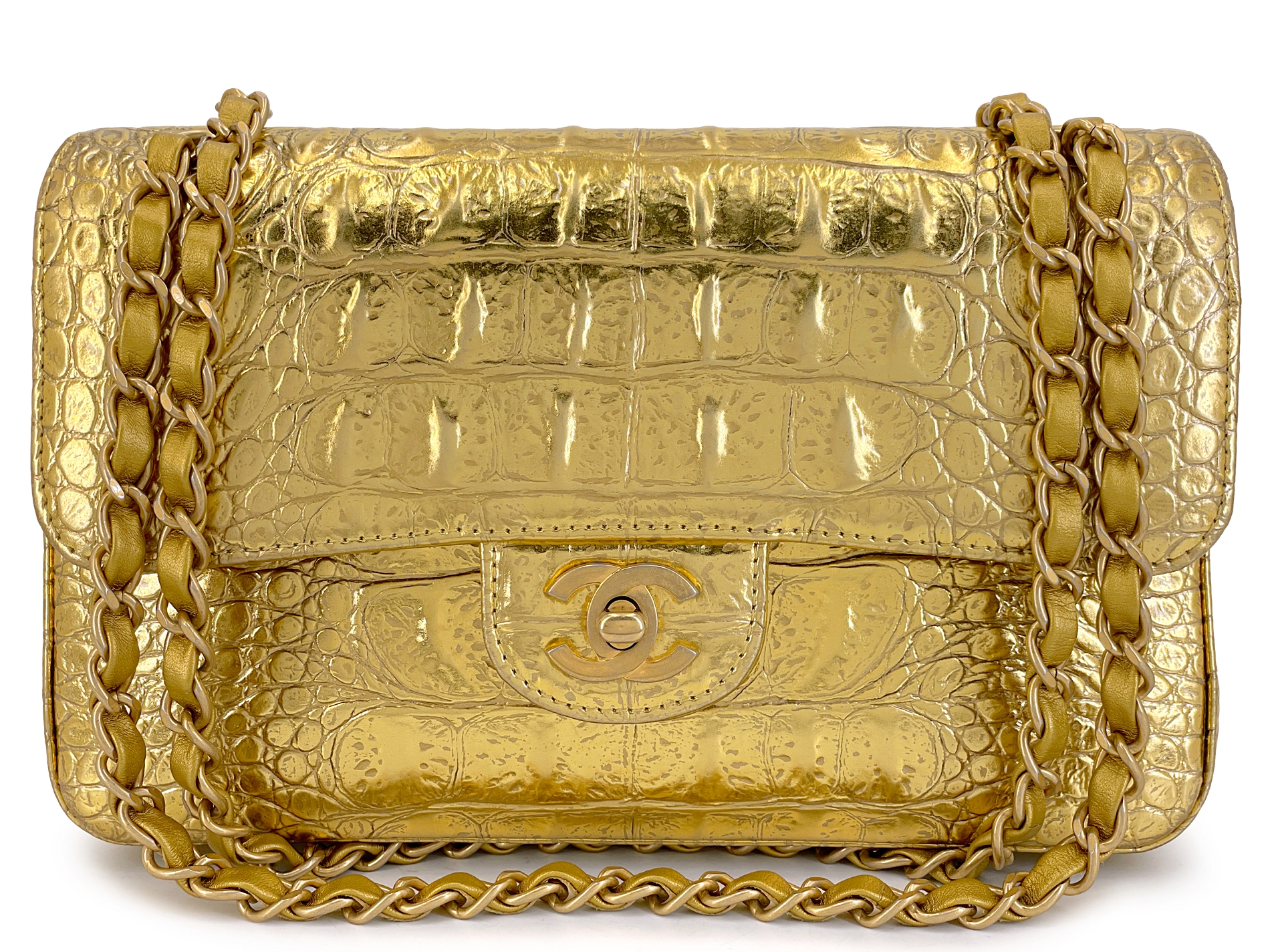 Gold Crocodile Embossed Calfskin Egyptian Small Classic Double Flap Bag Gold Hardware, 2019