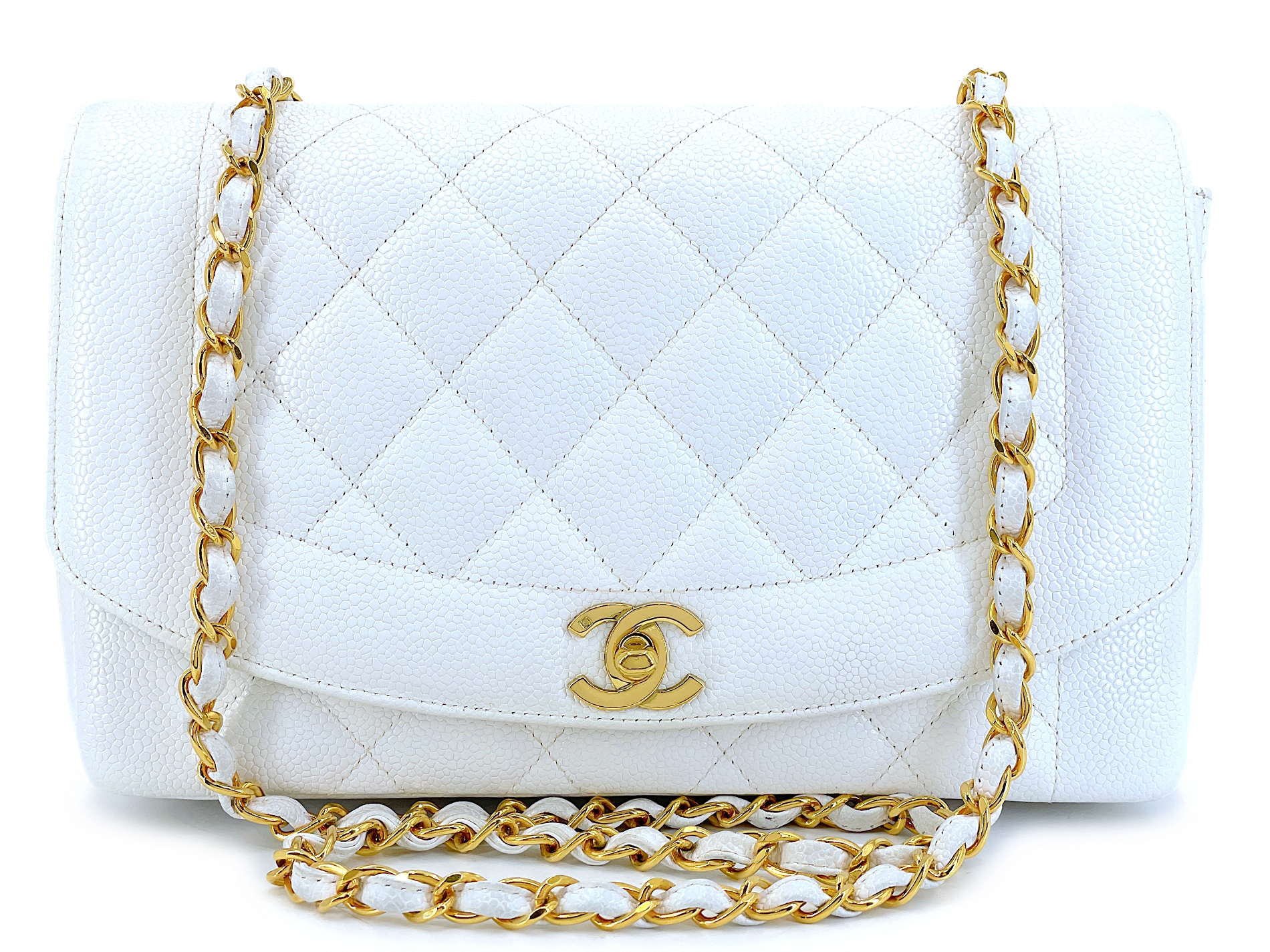 Vintage White Quilted Caviar Medium Diana Flap Bag Gold Hardware, 1994-1996