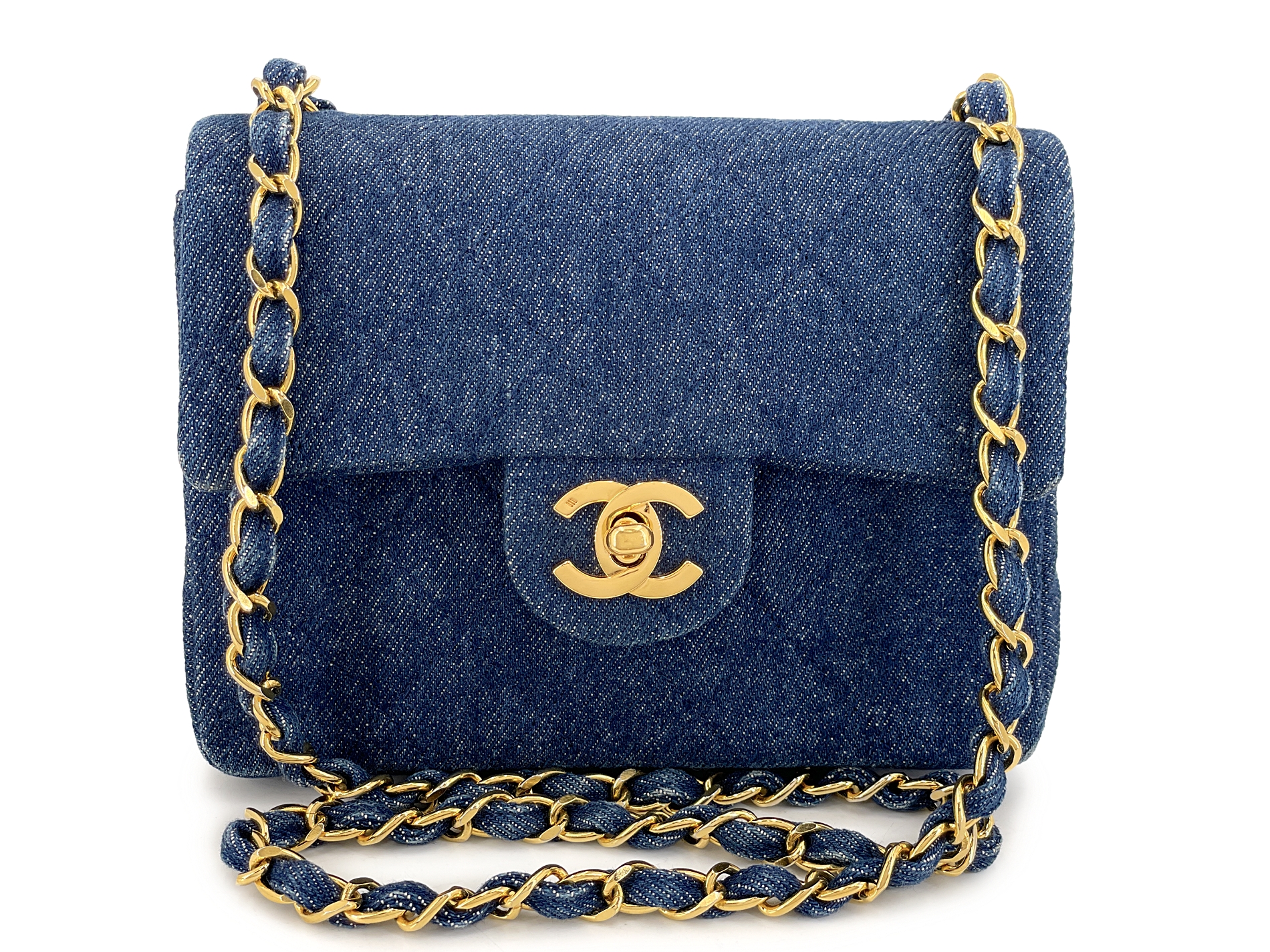 Vintage Blue Quilted Denim Square Mini Flap Bag Gold Hardware, 1990