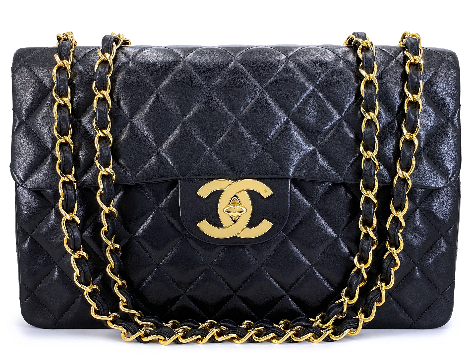 Vintage Black Quilted Lambskin Maxi Classic Flap Bag Gold Hardware, 1994