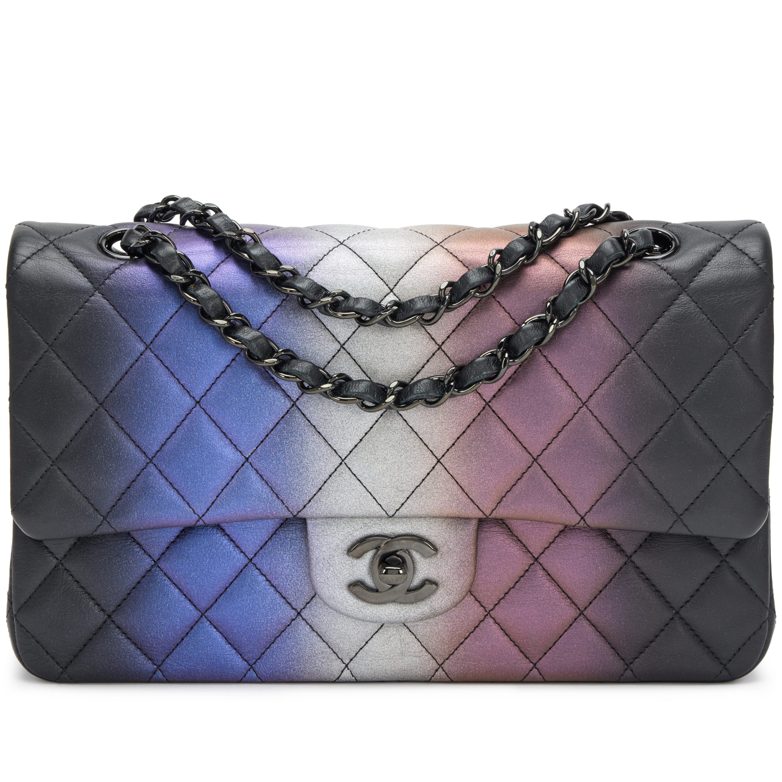 Multicolor Iridescent Quilted Calfskin Medium Classic Double Flap Bag Black Hardware, 2021