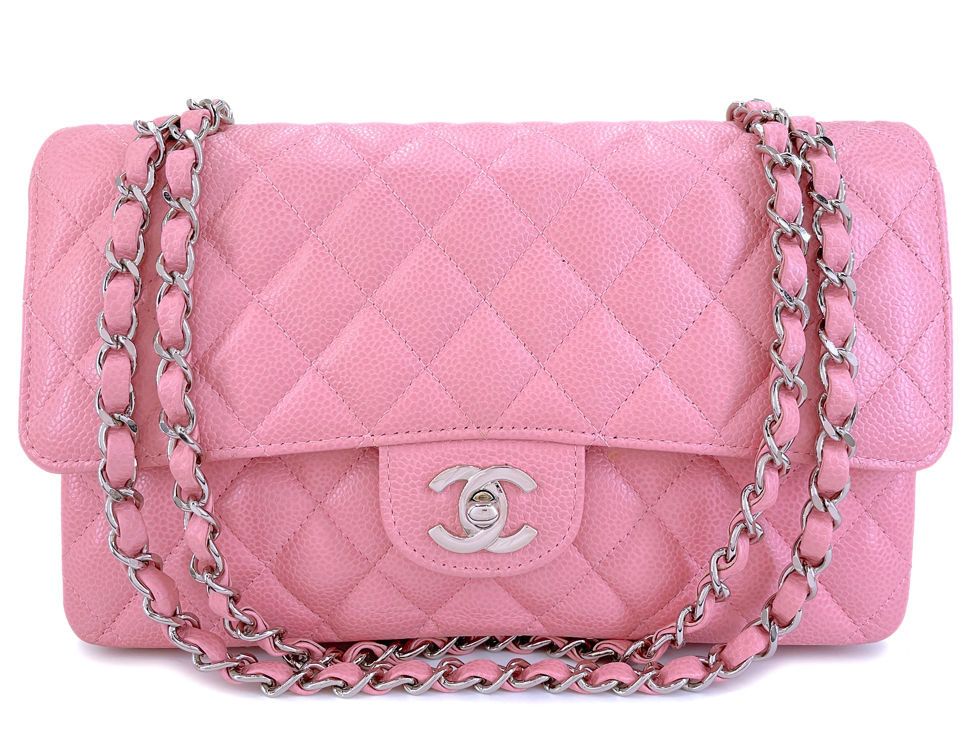 Vintage Sakura Pink Quilted Caviar Medium Classic Double Flap Bag Silver Hardware, 2004