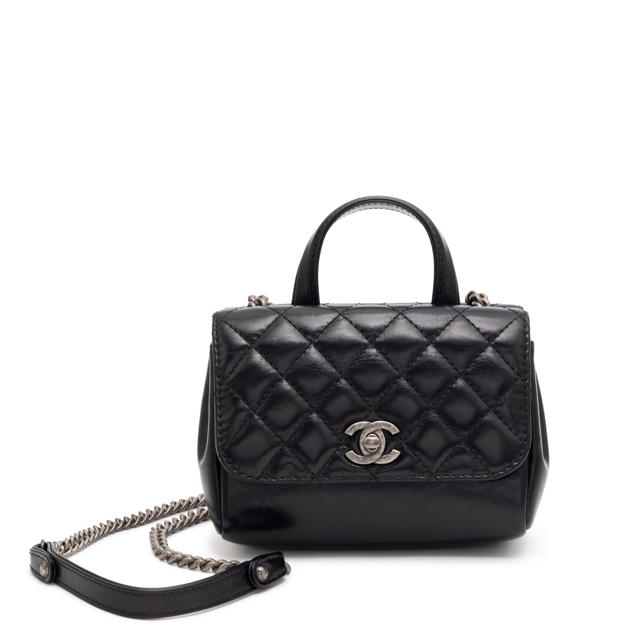 Black Quilted Aged Glazed Calfskin Double Sided Flap Bag Ruthenium Hardware, 2016-2017