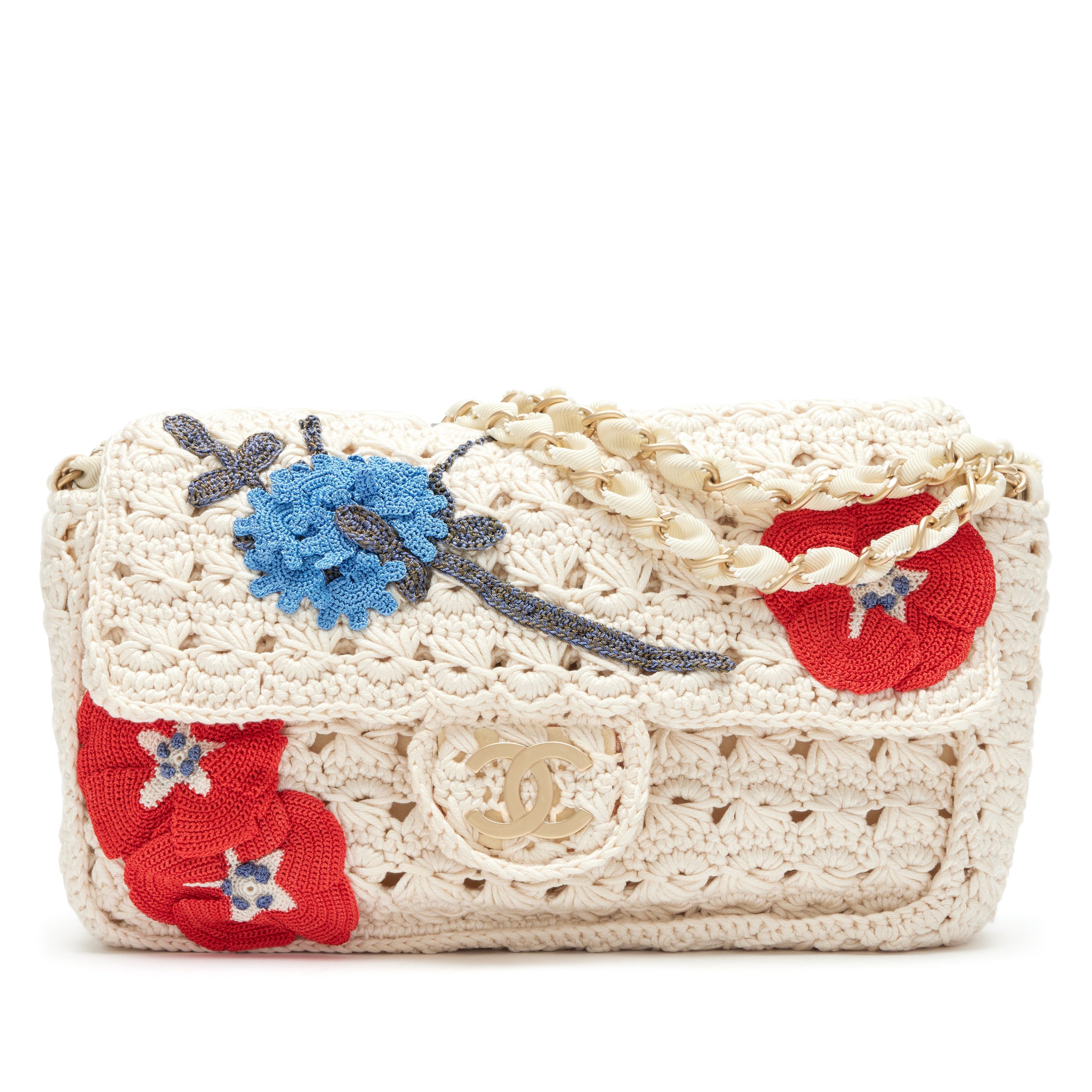 Multicolor and Ivory Crochet Camellia Small Single Flap Bag Brushed Gold Hardware, 2010