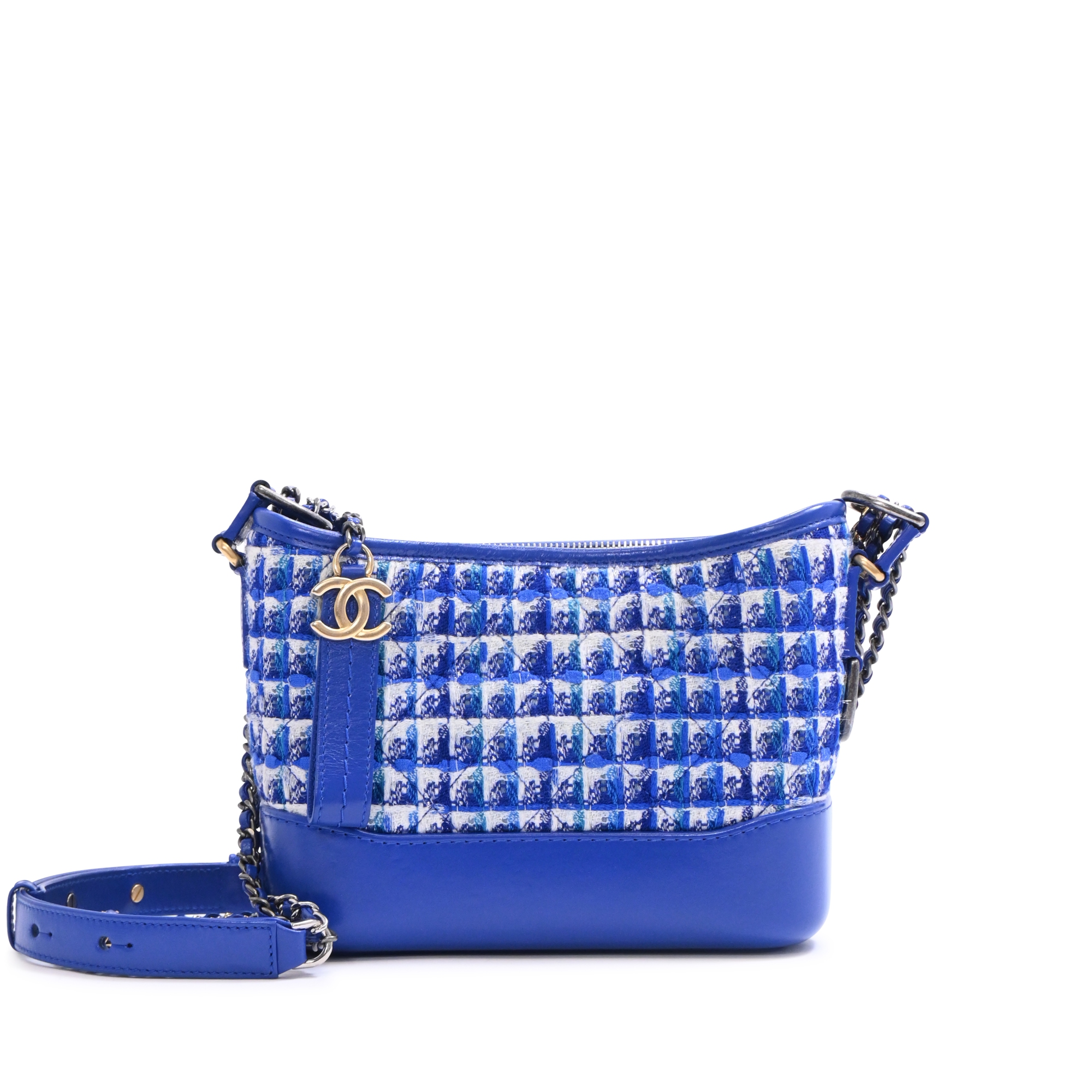 Blue and White Tweed and Calfskin Gabrielle Hobo Gold Hardware, 2019