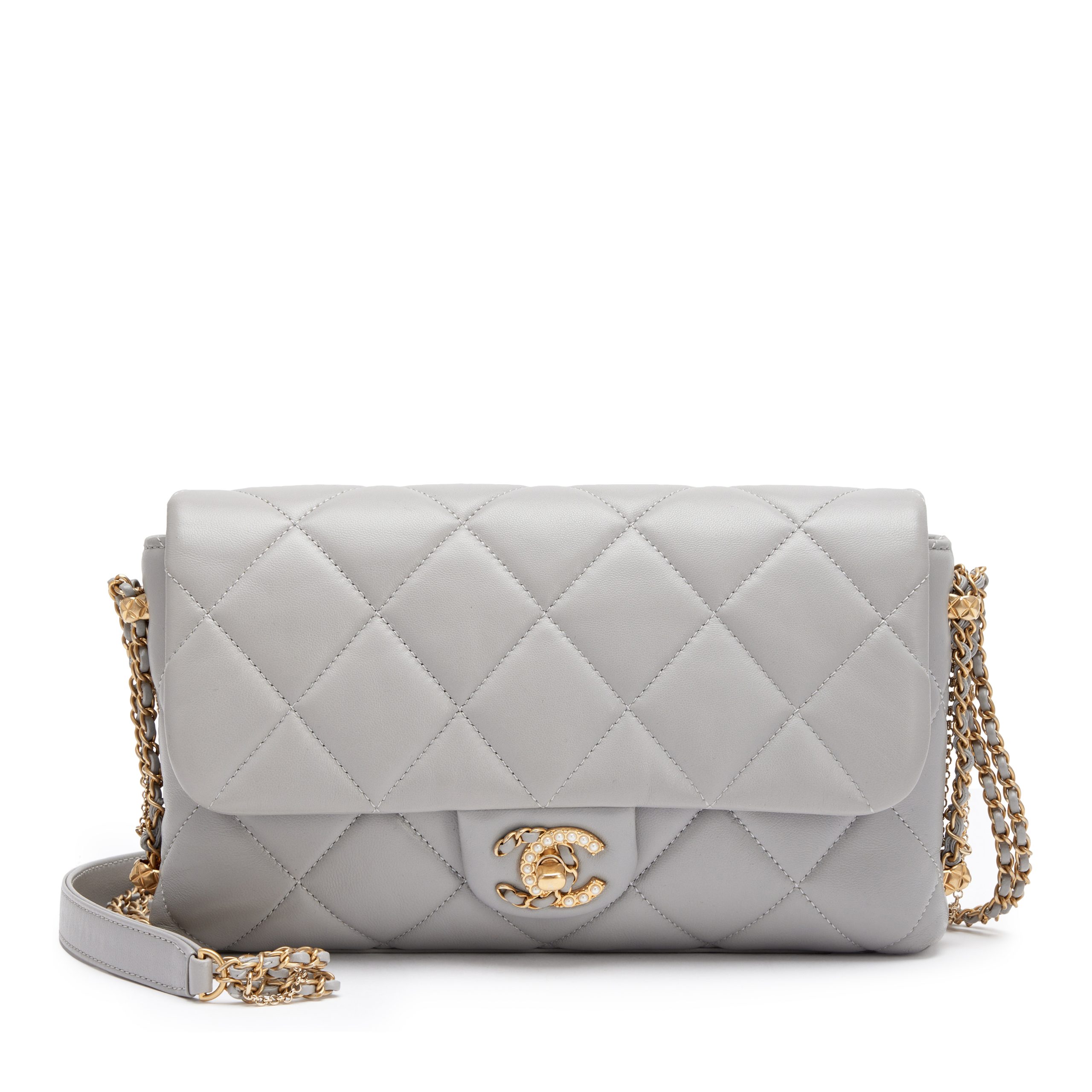 Grey Quilted Lambskin Crush on Chain Flap Bag Aged Gold Hardware, 2021