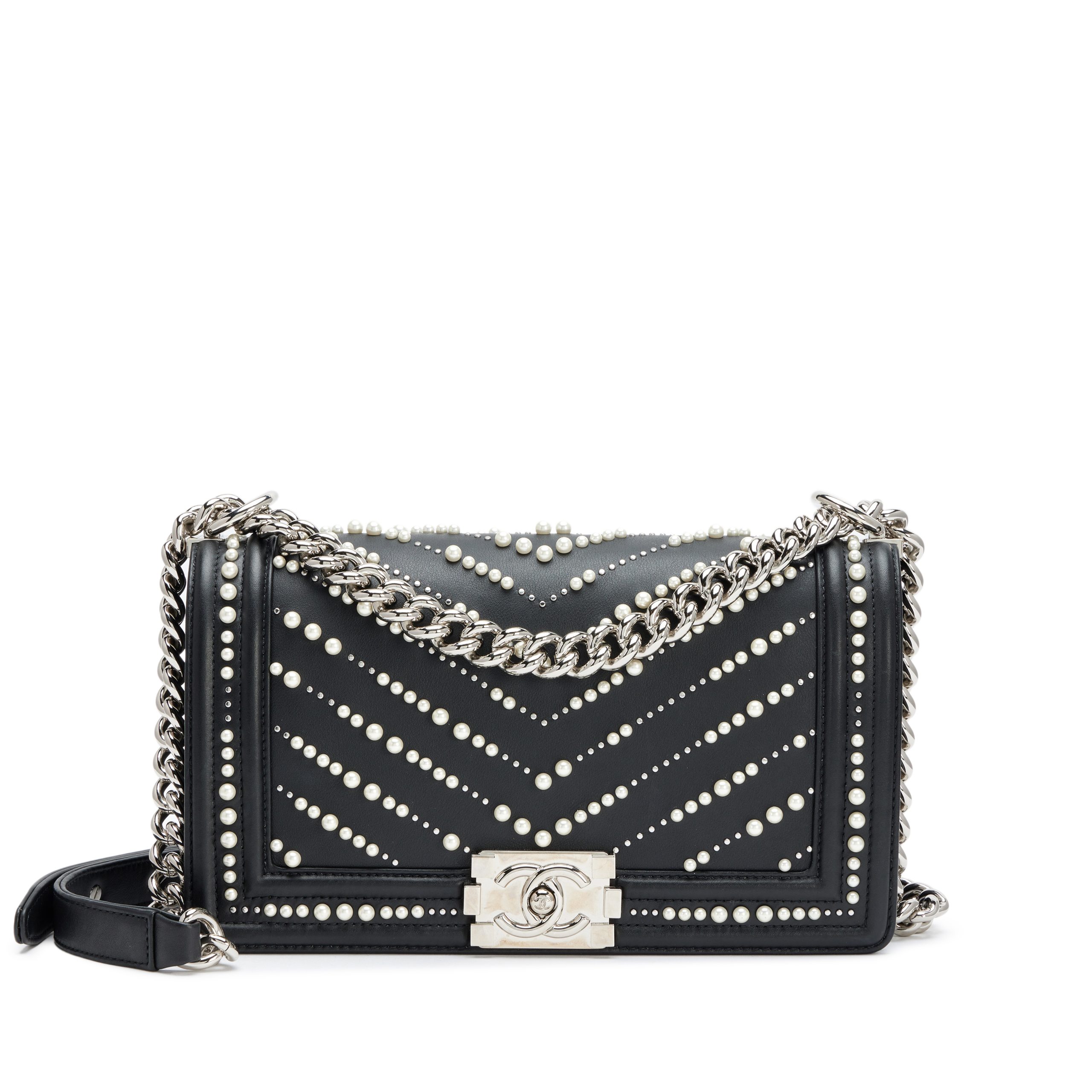 Black Calfskin Pearl Chevron Medium Boy Bag Silver Hardware, 2019