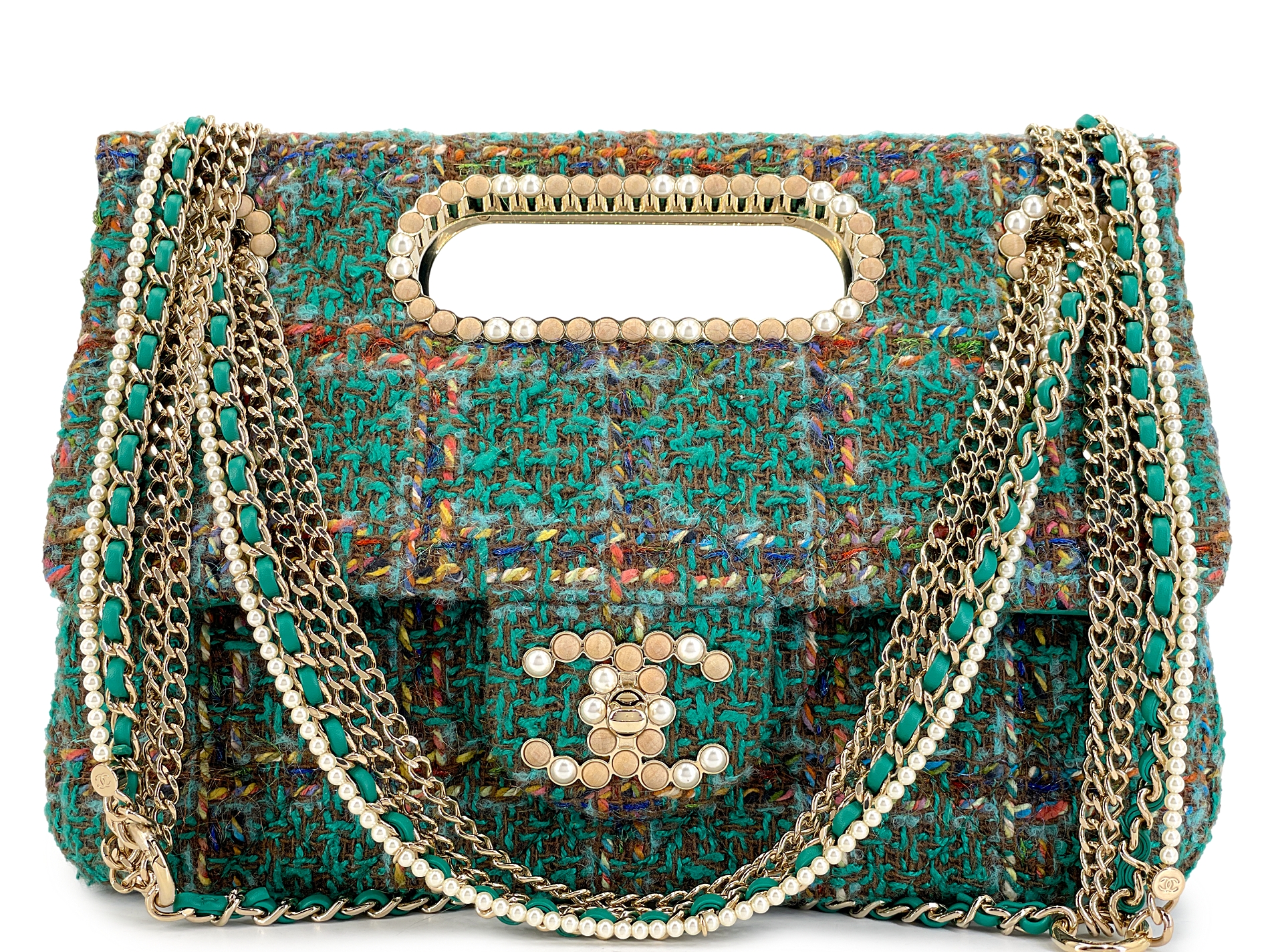 Green Tweed Pearl Paris-Dakar Wooden Flap Bag Gold Hardware, 2023