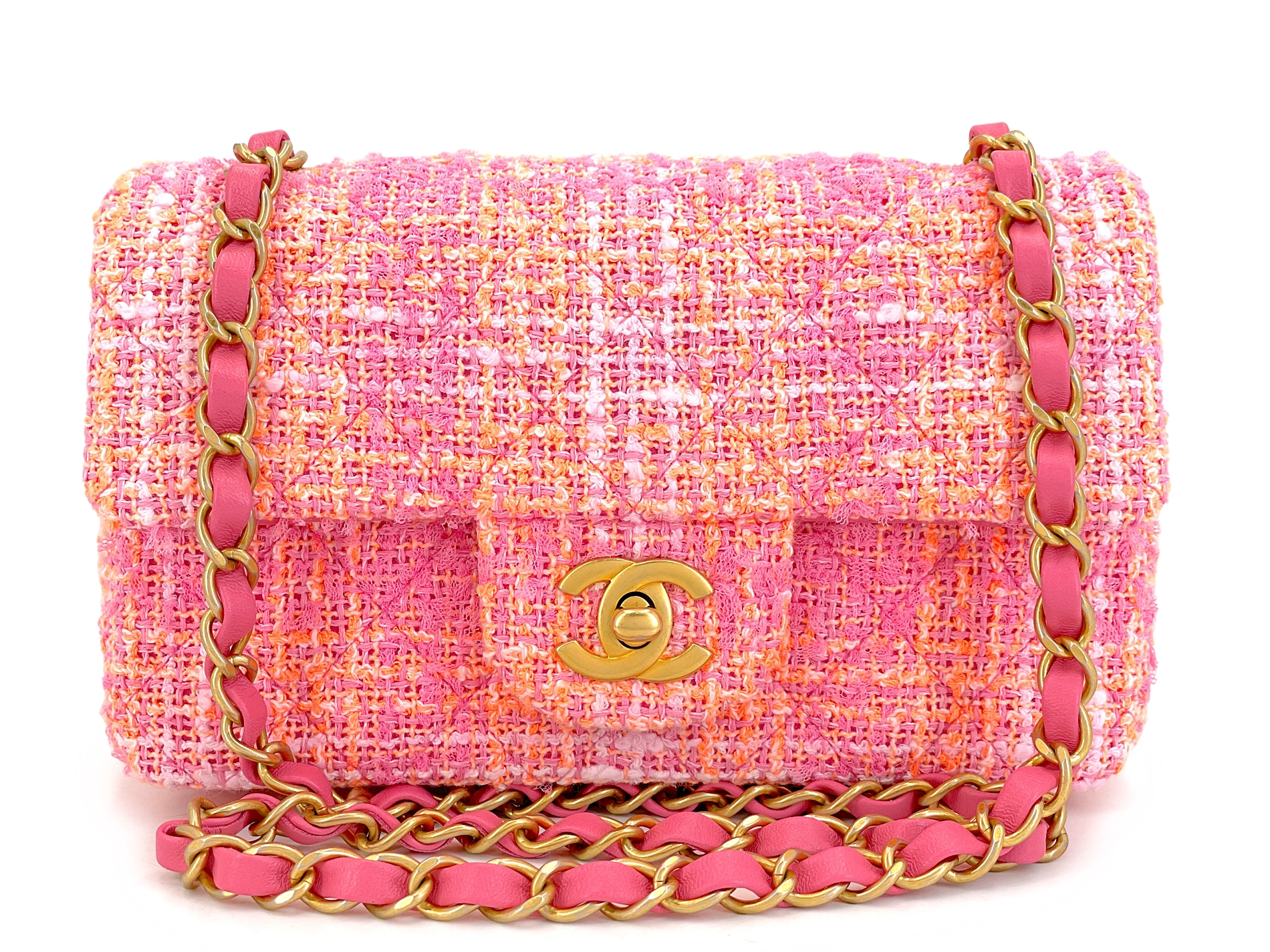 Sherbert Pink and Orange Tweed Mini Flap Bag Aged Gold Hardware, 2024