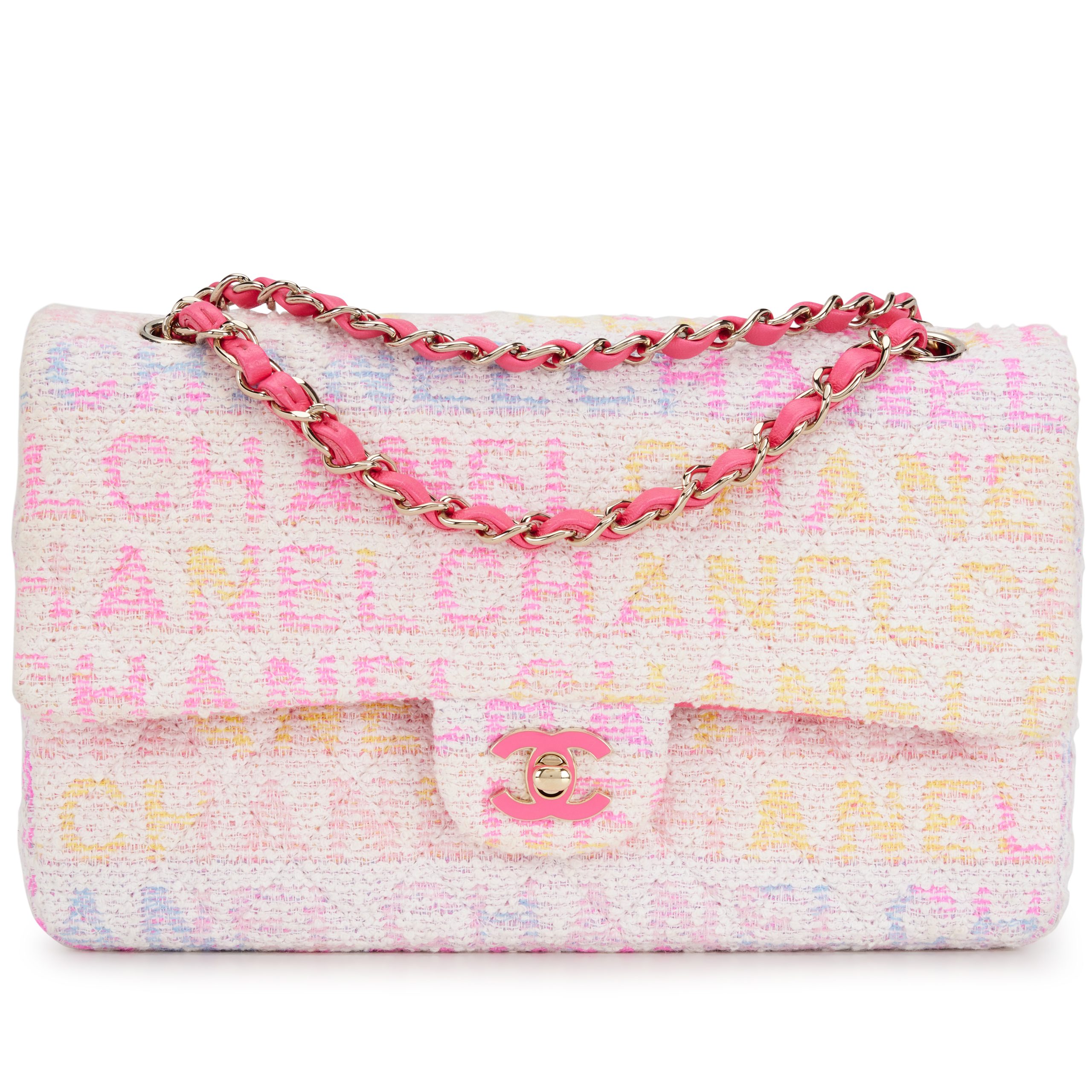 Hot Pink, Yellow, Purple and White Quilted Letter Logo Printed Tweed Medium Double Flap Bag Light Gold Hardware, 2024