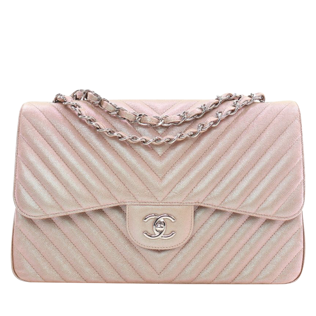 Pink Iridescent Chevron Caviar Jumbo Classic Double Flap Bag Silver Hardware, 2017-2018