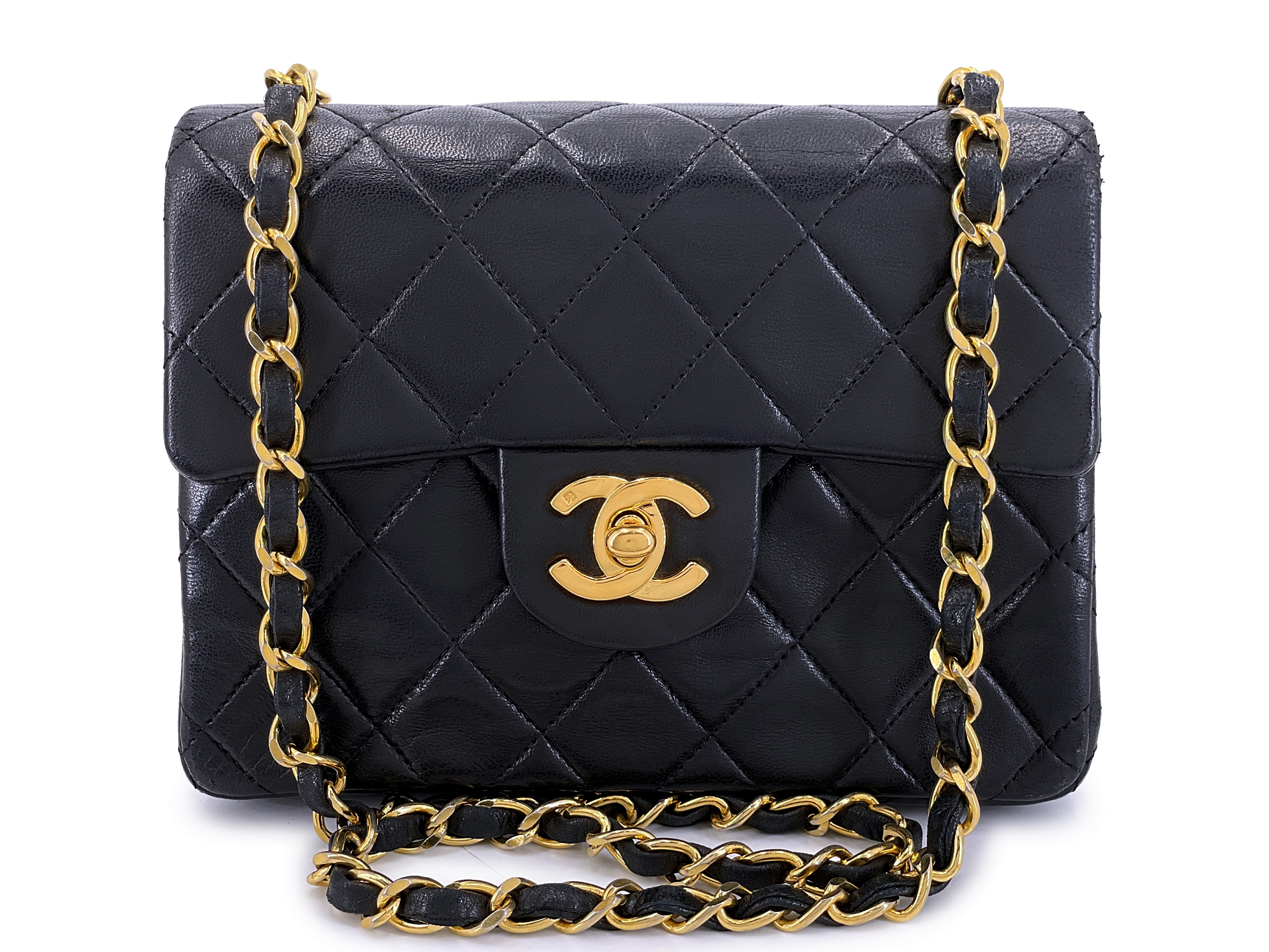 Vintage Black Quilted Lambskin Square Mini Flap Bag Gold Hardware, 1989-1991