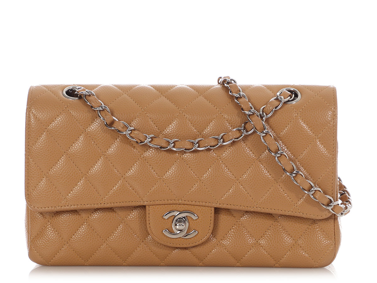 Dark Beige Quilted Caviar Medium Classic Double Flap Bag Ruthenium Hardware, 2006-2008