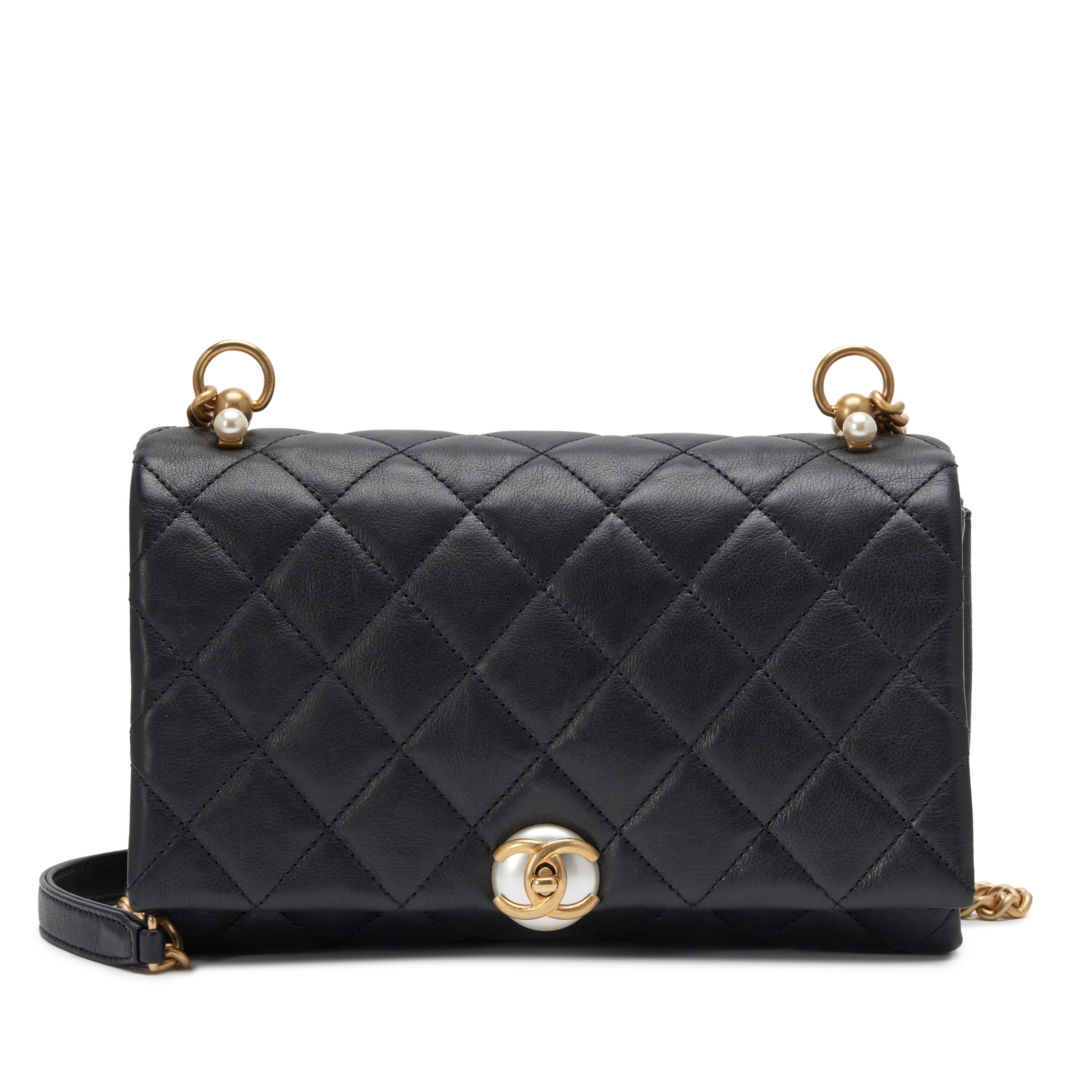 Black Quilted Calfskin Pearl Accordion Small Flap Bag Gold Hardware, 2019-2020
