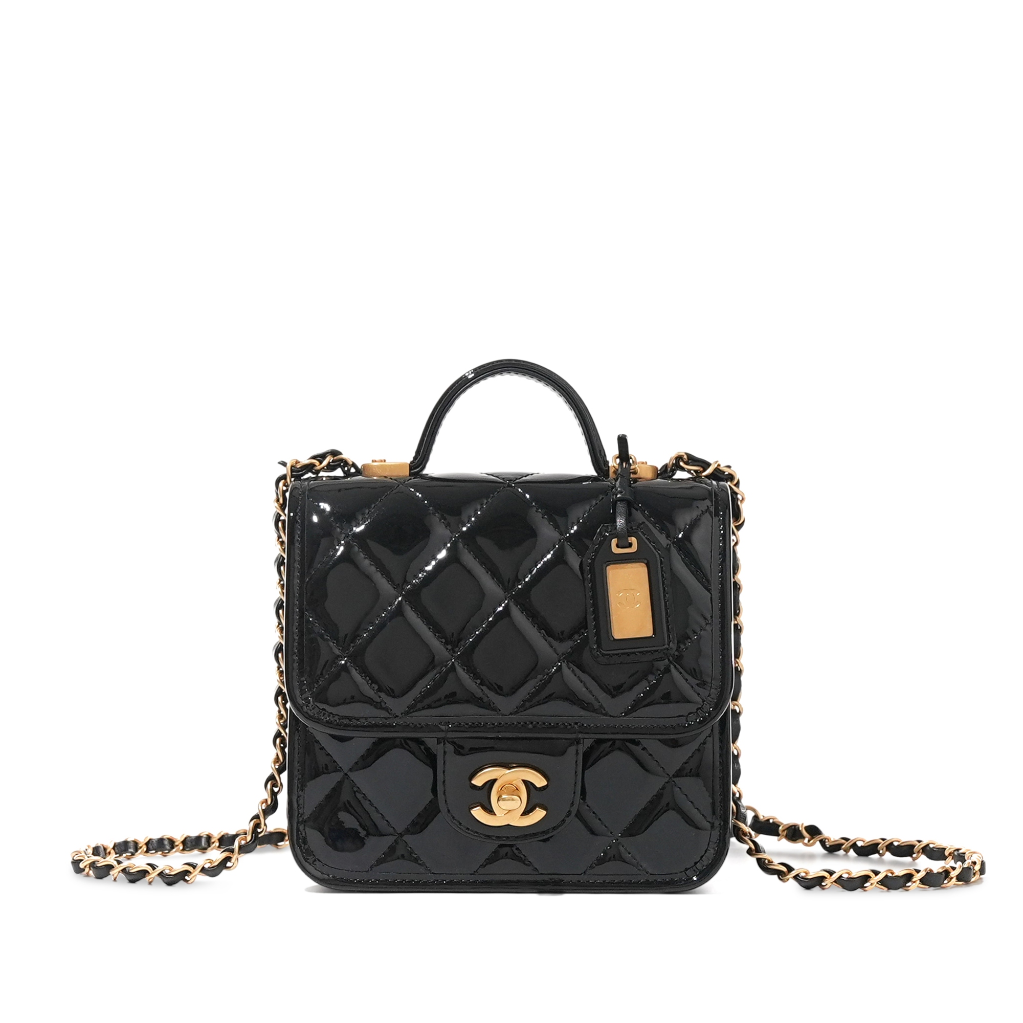 Black Quilted Patent Leather Top Handle Flap Bag Gold Hardware