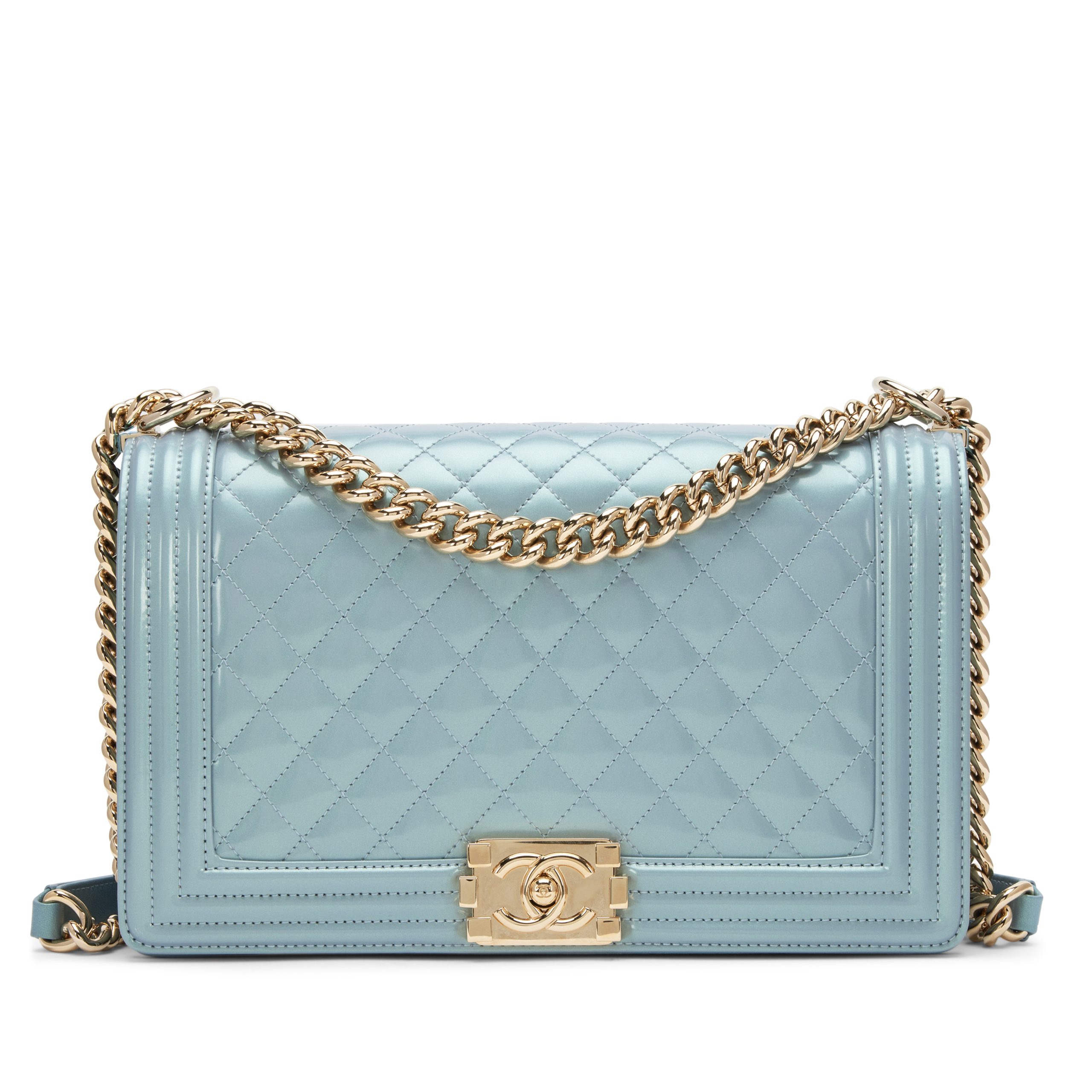 Light Blue Iridescent Glazed Calfskin New Medium Boy Bag Pale Gold Hardware, 2016