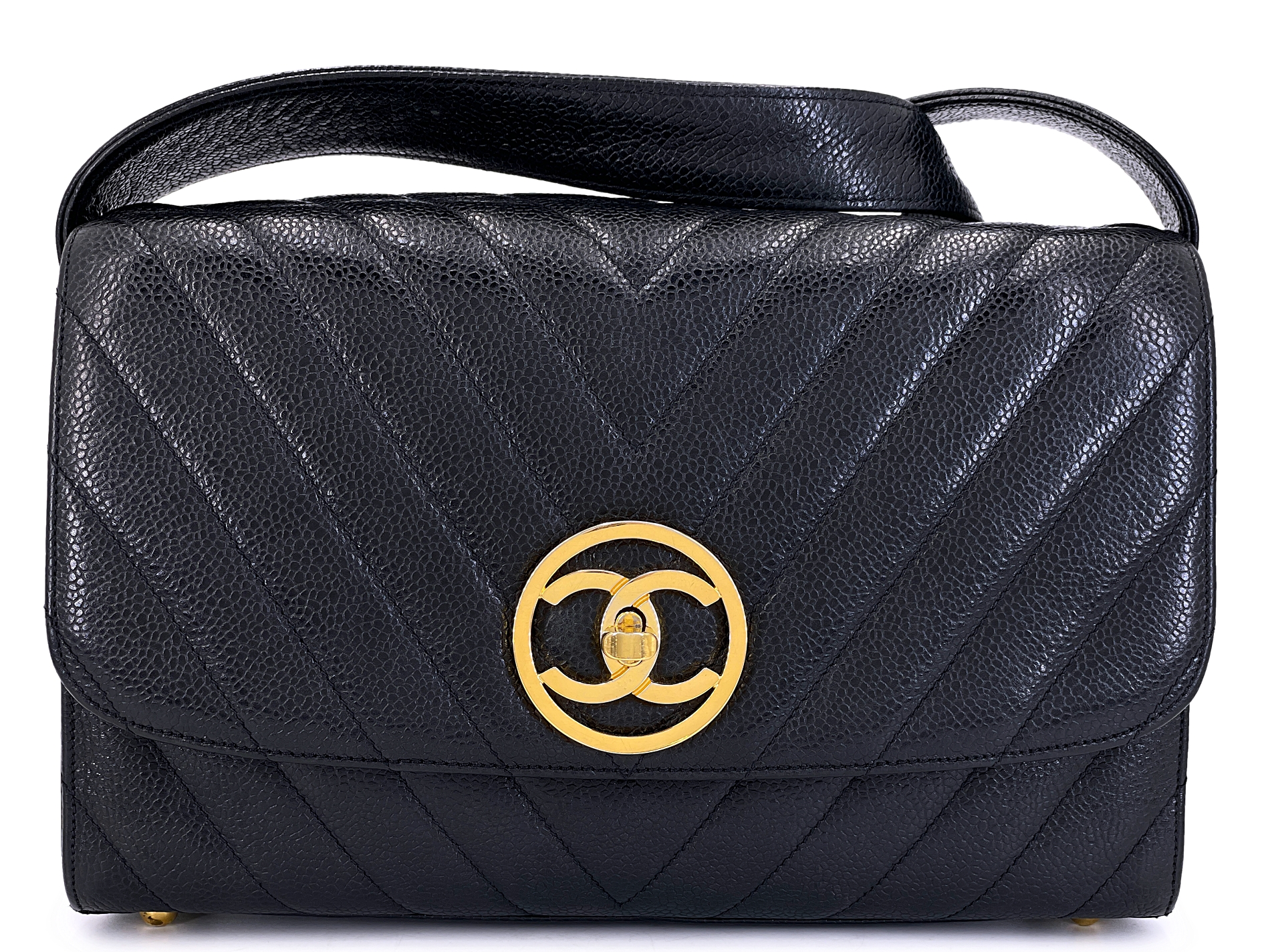 Vintage Black Quilted Chevron Caviar Encircled Flap Gold Hardware, 1992