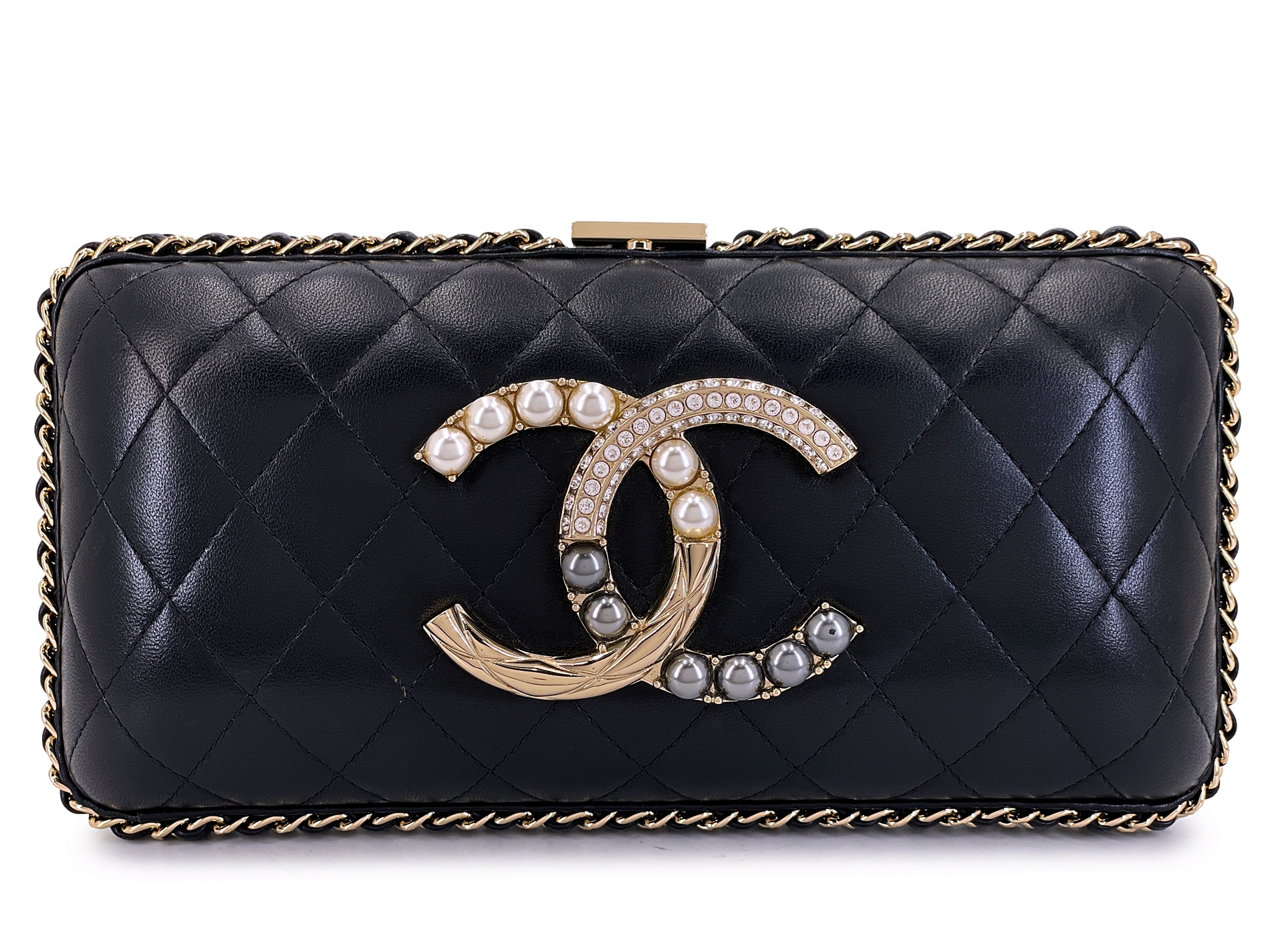 Black Quilted Lambskin Pearl Crystal Chain Around Minaudire Gold Hardware, 2020