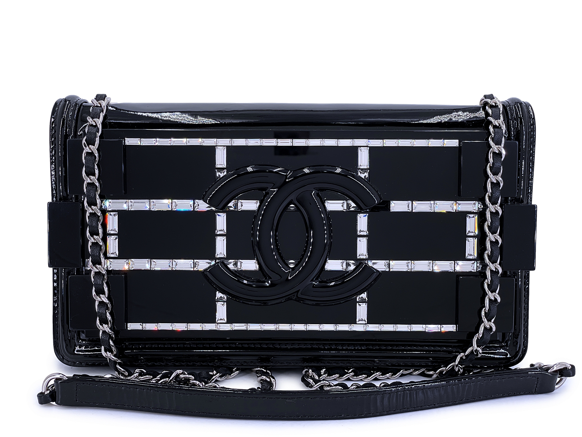 Black Plexiglass and Patent Baguette Crystals Lego Flap Bag Silver Hardware, 2015