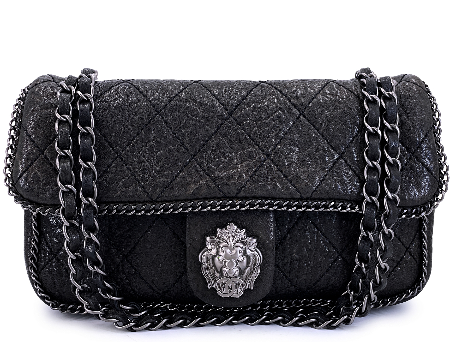 Black Quilted Crumpled Calfskin Leo the Lionhead Lion Flap Bag Ruthenium Hardware, 2007
