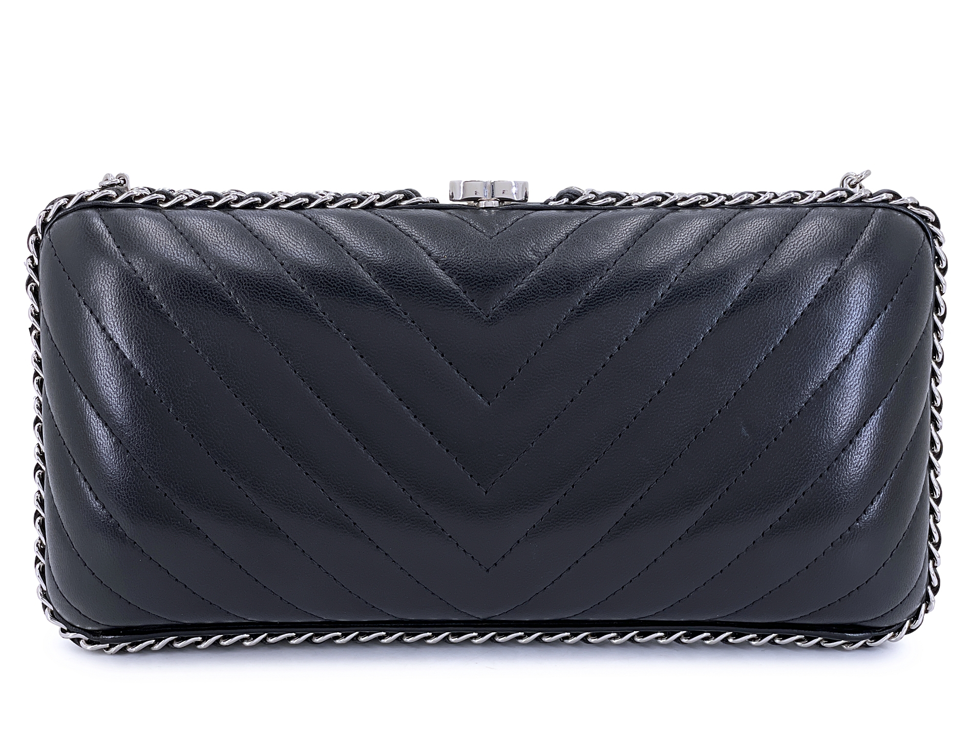 Black Quilted Chevron Hard Clutch Chain Minaudire Silver Hardware, 2015