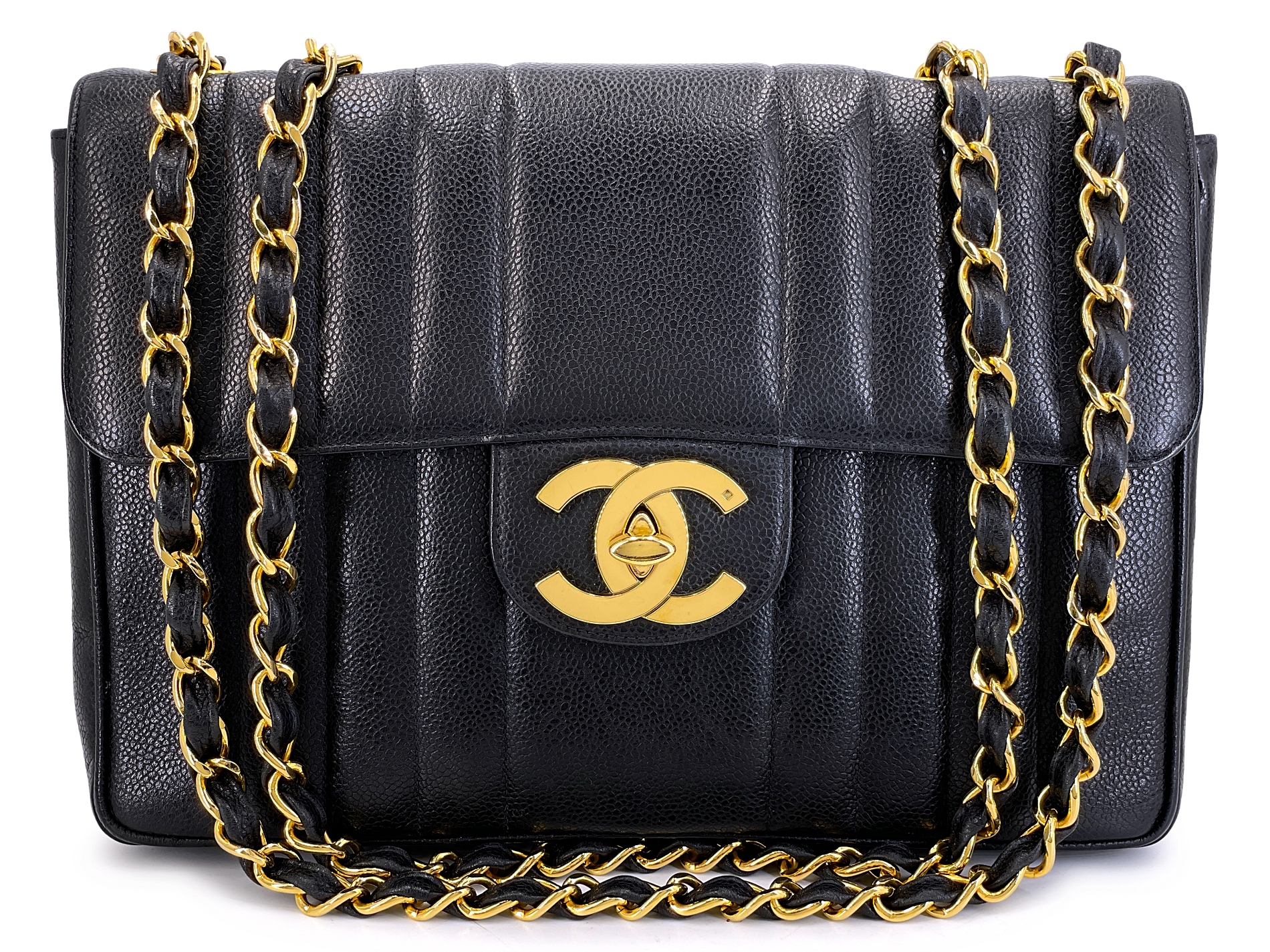 Vintage Black Caviar Mademoiselle Jumbo Classic Flap Bag Gold Hardware, 1994