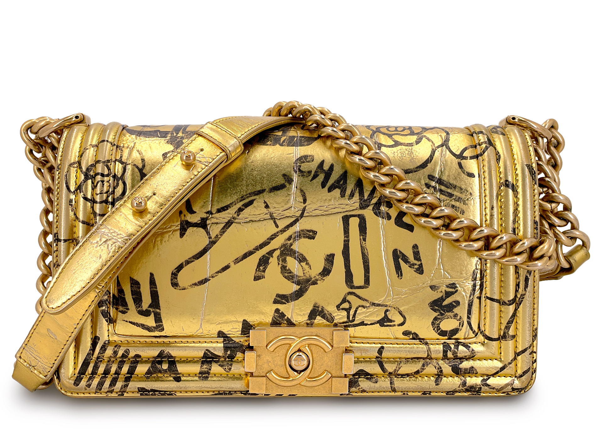 Gold Crocodile Print Graffiti Medium Boy Bag Gold Hardware, 2019