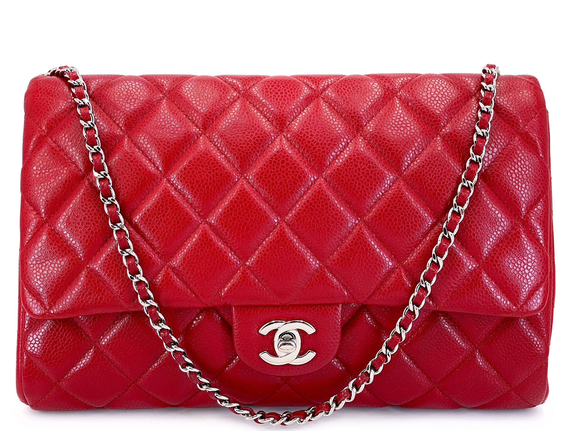 Red Quilted Caviar Timeless Classic Clutch on Chain Flap Bag Silver Hardware, 2012-2013