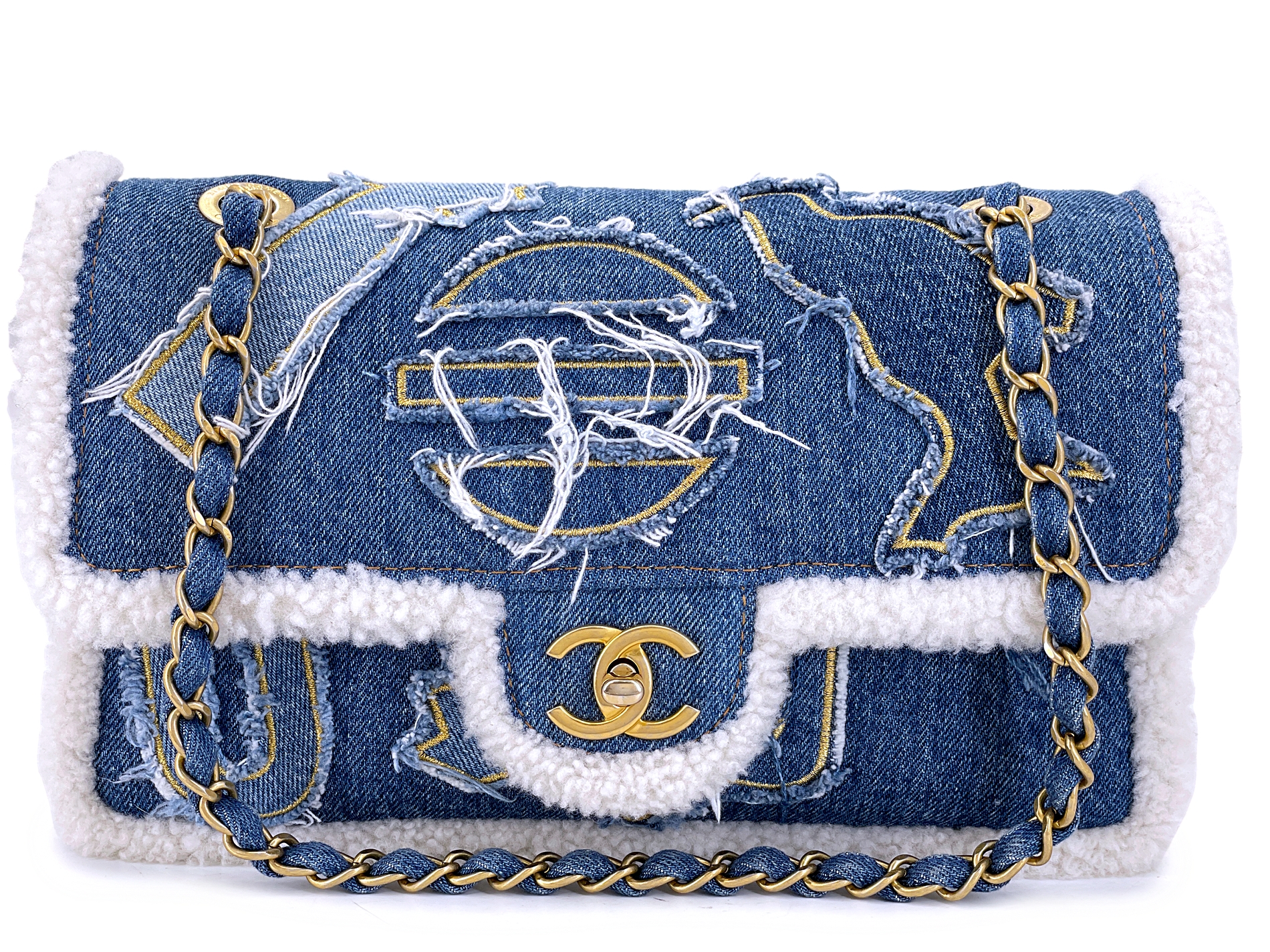 Blue Denim, White Shearling Paris-New York Hieroglyph Maxi Flap Bag Gold Hardware, 2019