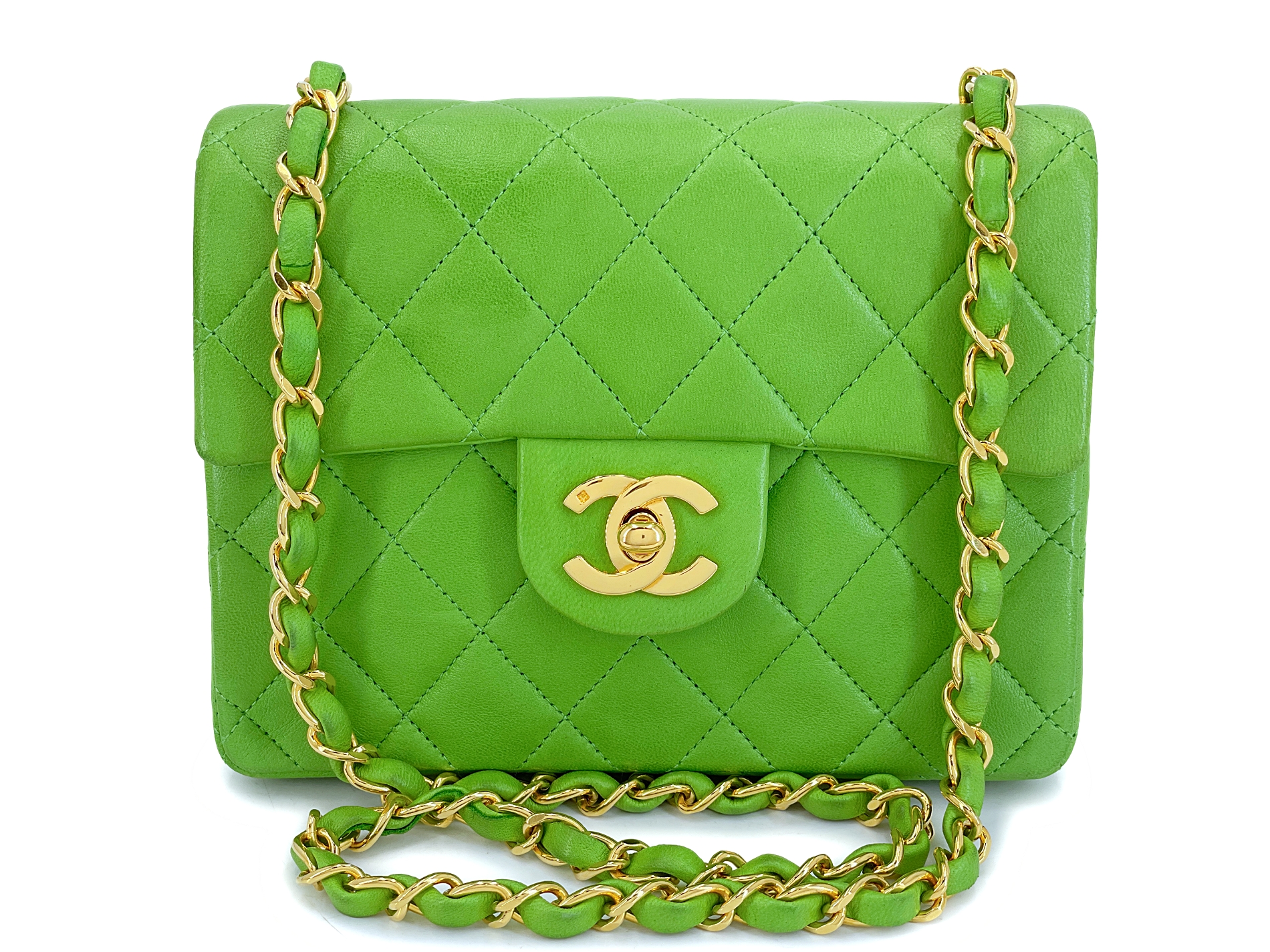 Vintage Apple Green Quilted Lambskin Mini Square Flap Bag Gold Hardware, 1989
