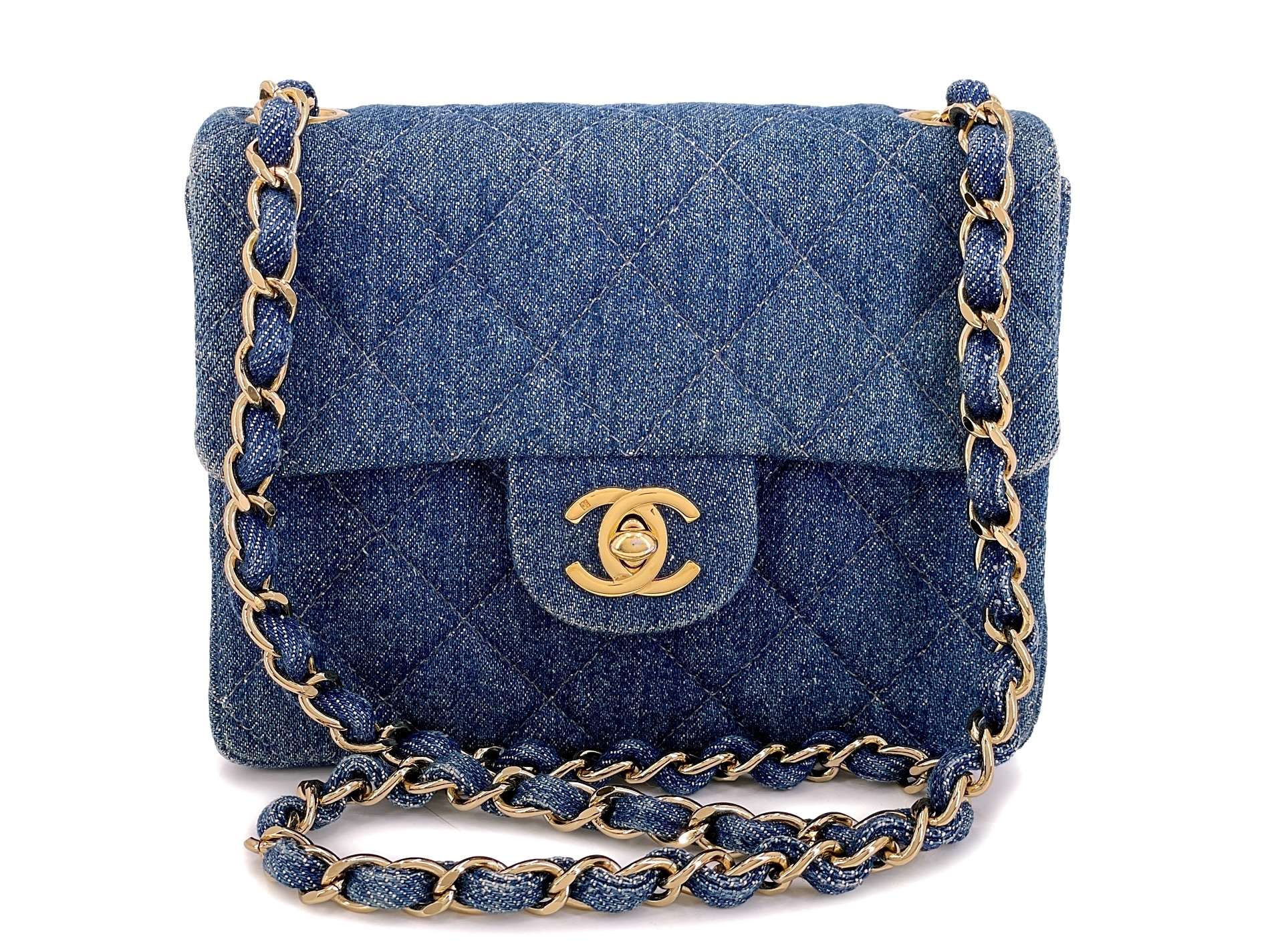 Vintage Blue Quilted Denim Square Mini Flap Bag Gold Hardware, 1998