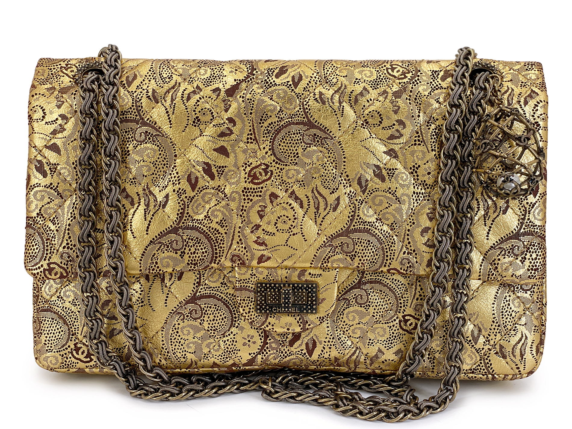 Gold Brocade Hand Painted Lace Quilted Paris-Moscow 2.55 Reissue 226 Medium Double Flap Bag Aged Bronze Hardware, 2009